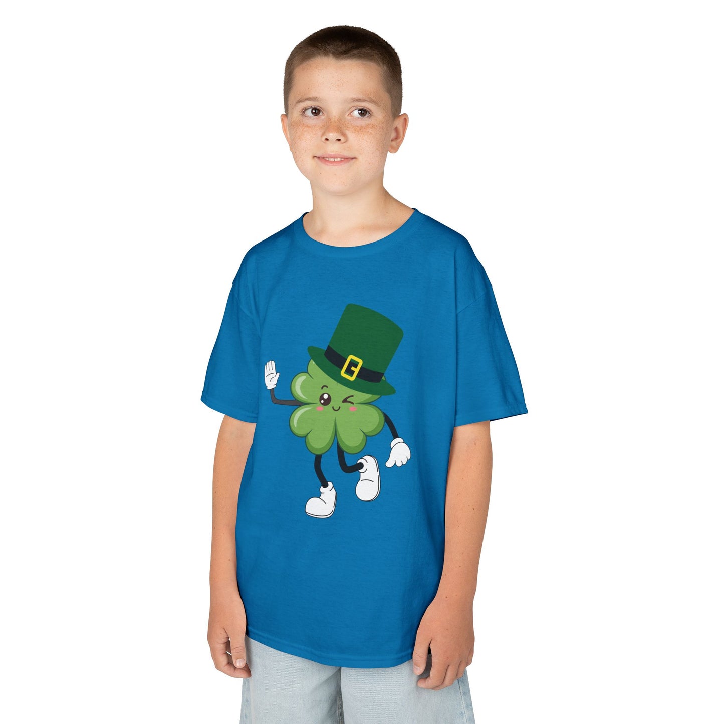 "Dancing Shamrock with Leprechaun Hat".  Kids Heavy Cotton T-Shirt. Patrick’s Day Tee