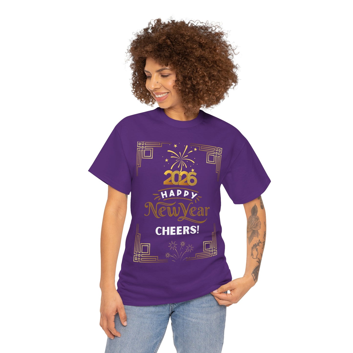 "Happy New Year -Cheers!" 2026  Unisex Midweight T-Shirt- 100 % Cotton — Festive "Art Deco Style" New Years Tee Great for Casual Celebrations or Parties While Ringing In the New Year!