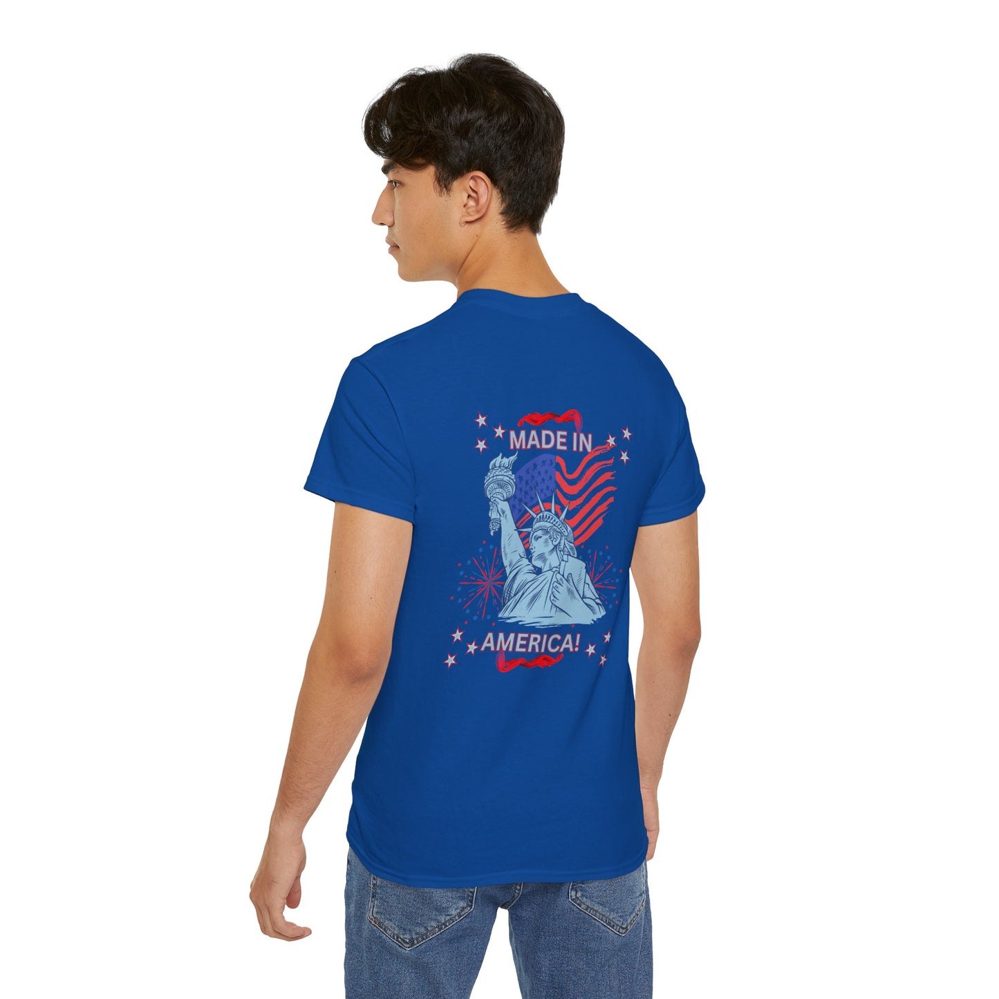 Statue of Liberty Patriotic T-Shirt — "Made In America -Happy Anniversary 1776-2026"  Front & Back Design