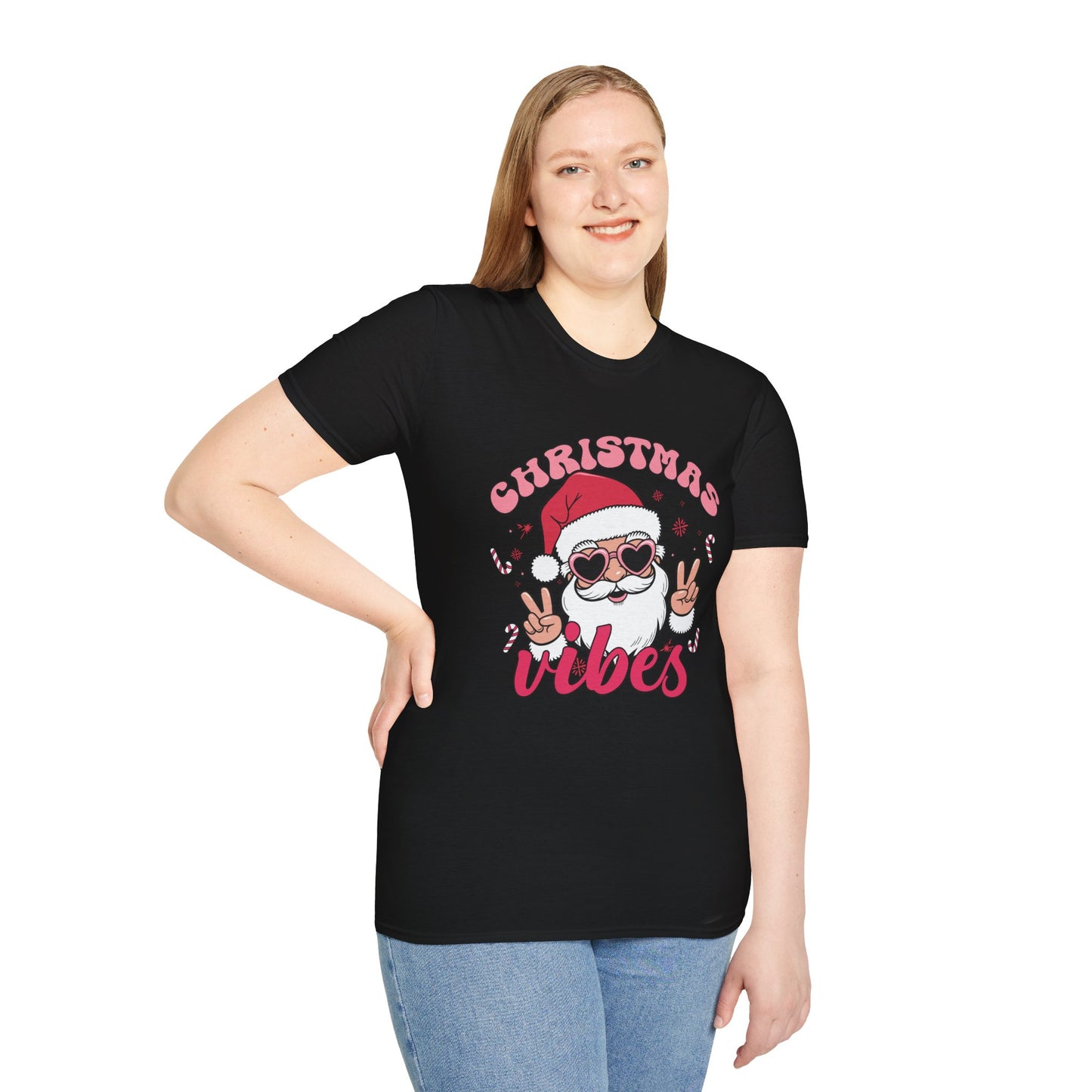 "Christmas Vibes"  Smiling Santa Holiday Unisex T-Shirt.  Cool(Tan)Santa Wearing His Shades And Sharing A "Peace Sign".