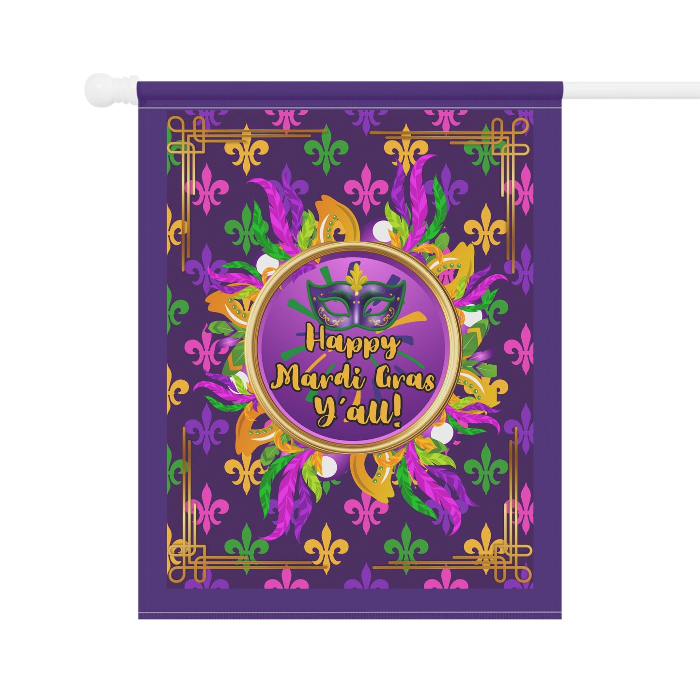 "Happy Mardi Gras Y'all",  Fleur De Lis Mardi Gras House Flag In Purple.   Let This Vibrant Paisley Banner/Flag Help You Celebrate Carnival Season!