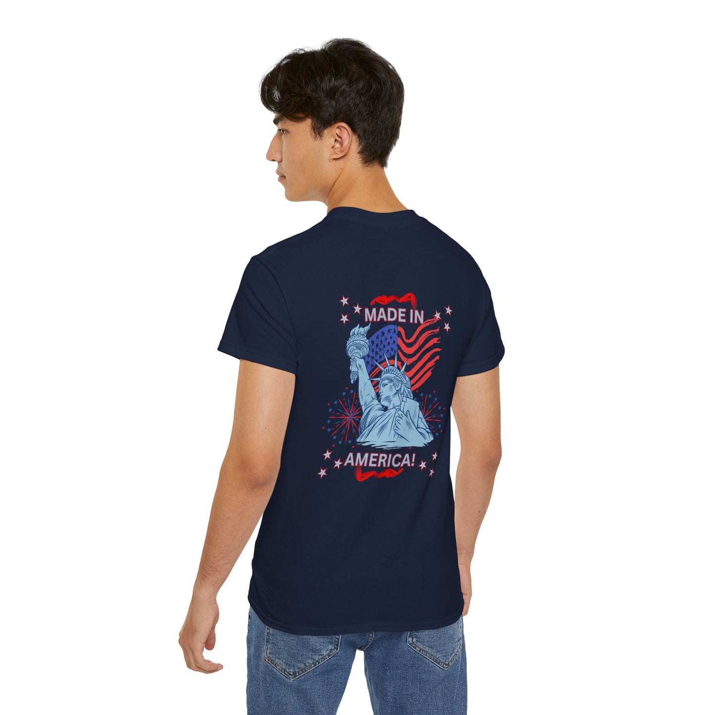 Statue of Liberty Patriotic T-Shirt — "Made In America -Happy Anniversary 1776-2026"  Front & Back Design
