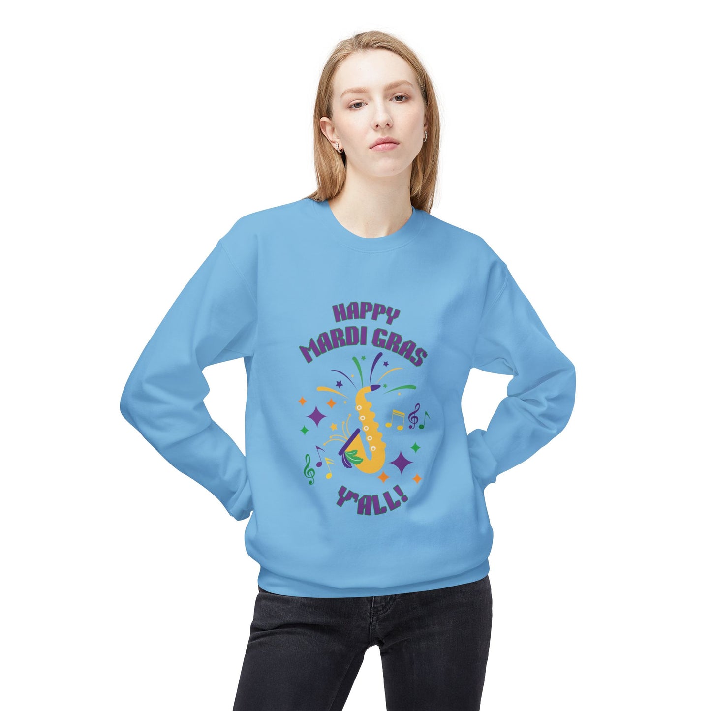 "Happy Mardi Gras Y'all"  Midweight Crewneck Sweatshirt.  Let This Colorful Unisex Sweatshirt Help You Revel In Style!