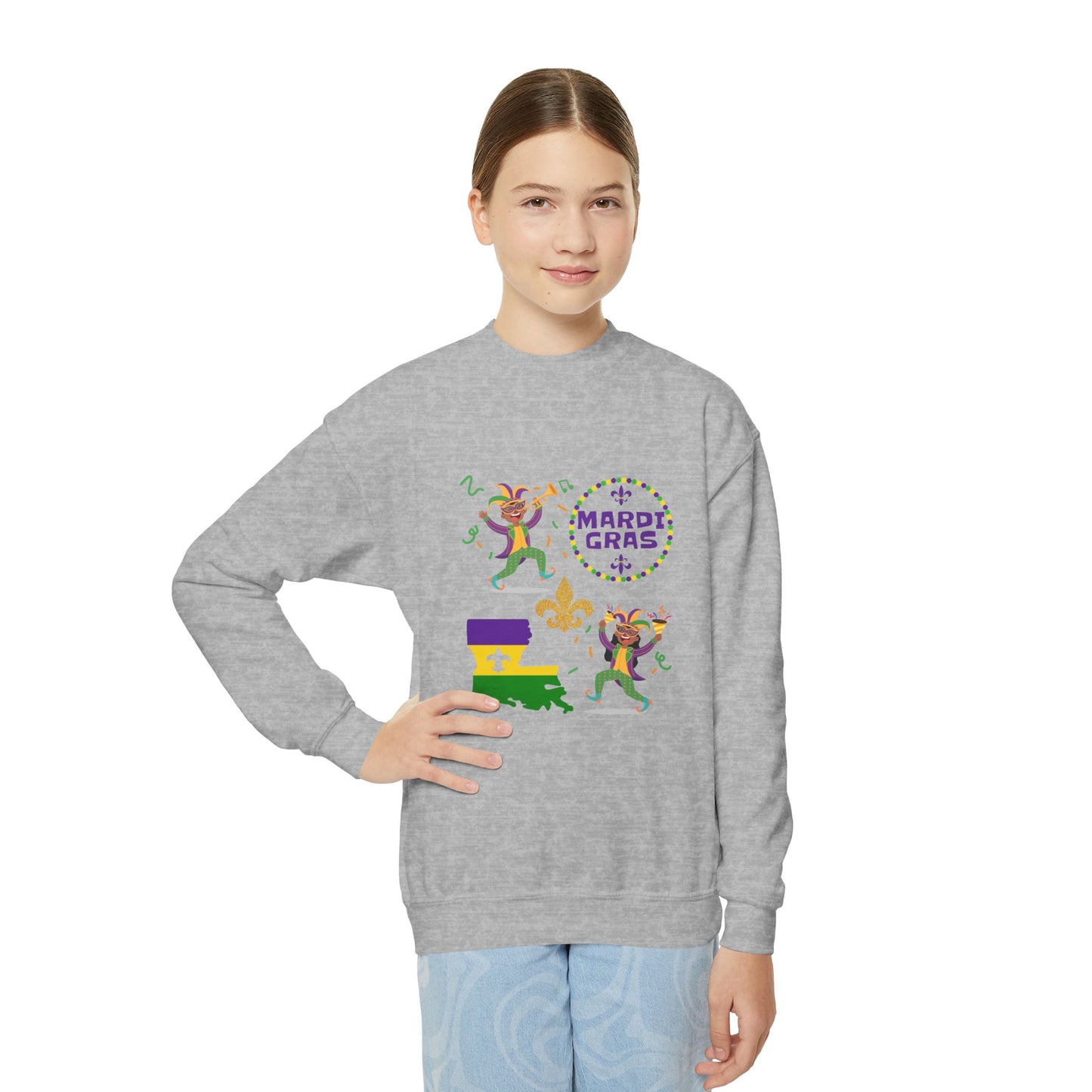 "Mardi Gras Kids" Youth Crewneck Sweatshirt — Colorful Beads, Jester Costumes & The State Of Louisiana all in Classic Mardi Gras Colors - Ready For The Parades!