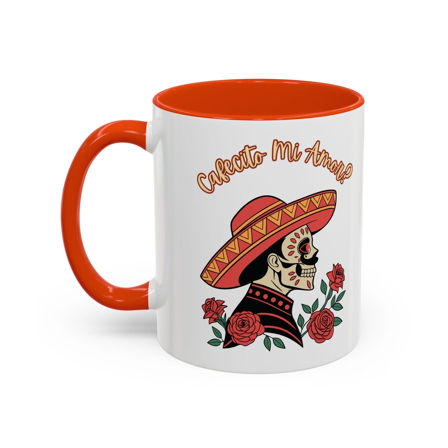 "Cafecito Mi Amor?" -El Hombre, Sugar Skull Style, White Ceramic Mugs with Colorful Accents (11oz/15oz)