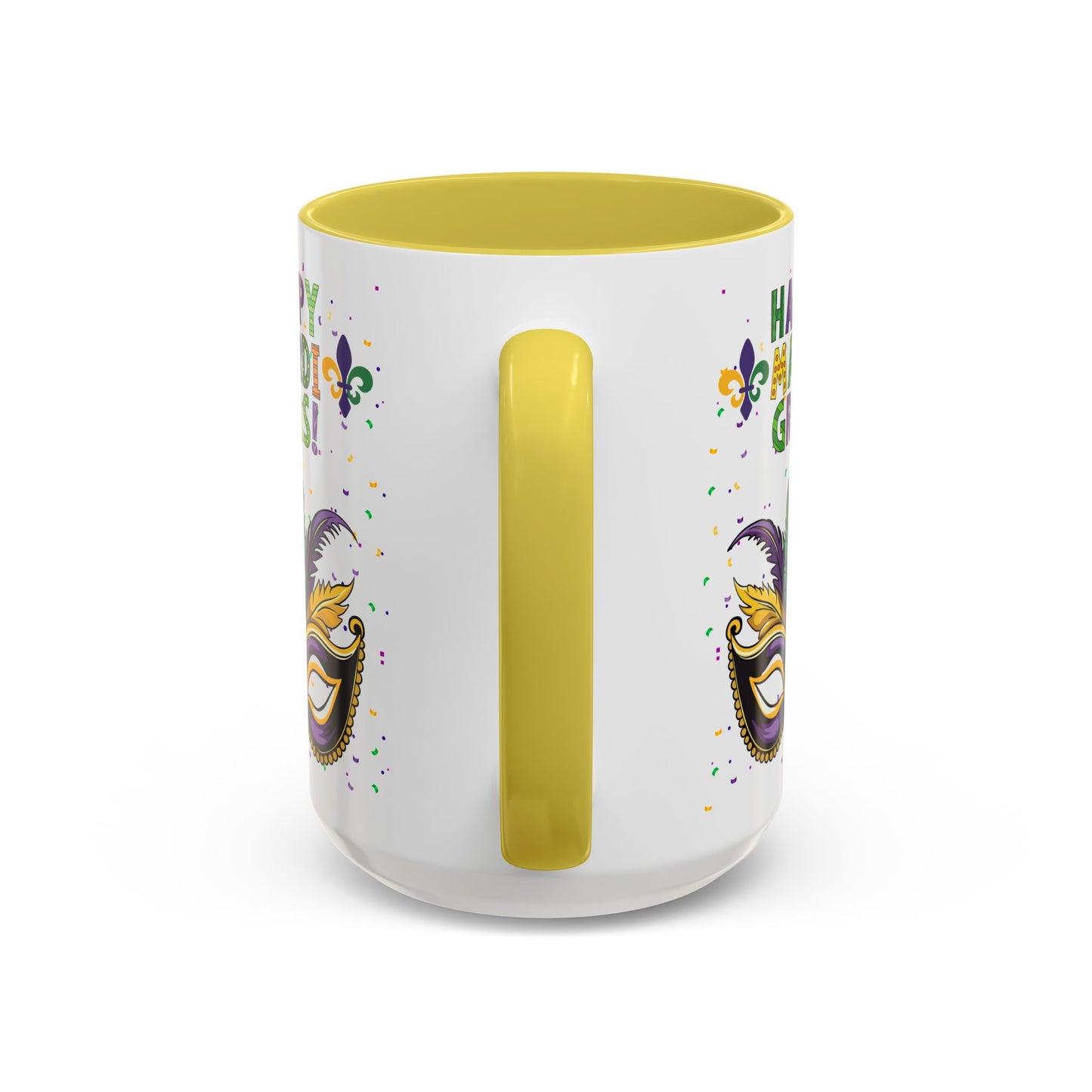 "Happy Mardi Gras" Mugs — Colorful 11oz/15oz Carnival Mask-Fleur De Lis Design White Ceramic Mugs