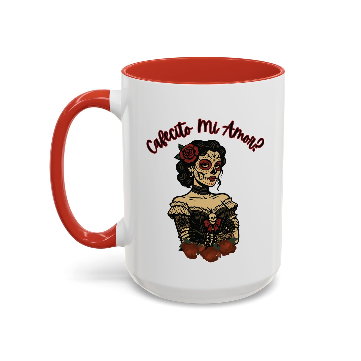 "Cafecito Mi Amor?" Sugar Skull Style , Colorful Accent, 11oz and 15oz Coffee Mug.  A great Day of the Dead  or Halloween Gift!