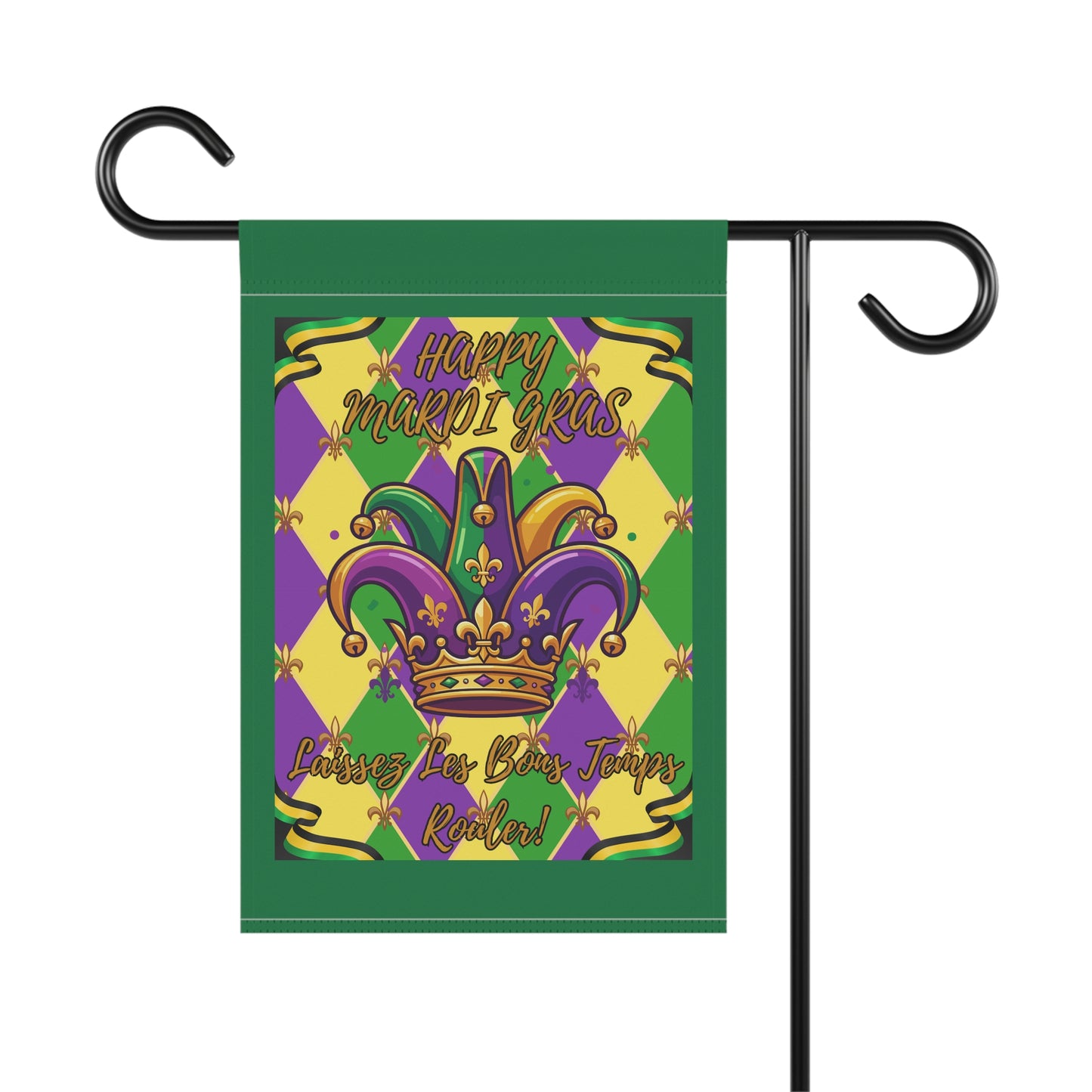 "Mardi Gras Jester Crown" Garden Flag/Banner — "Happy Mardi Gras-Laissez Les Bons Temps Rouler!" House Banner-Green