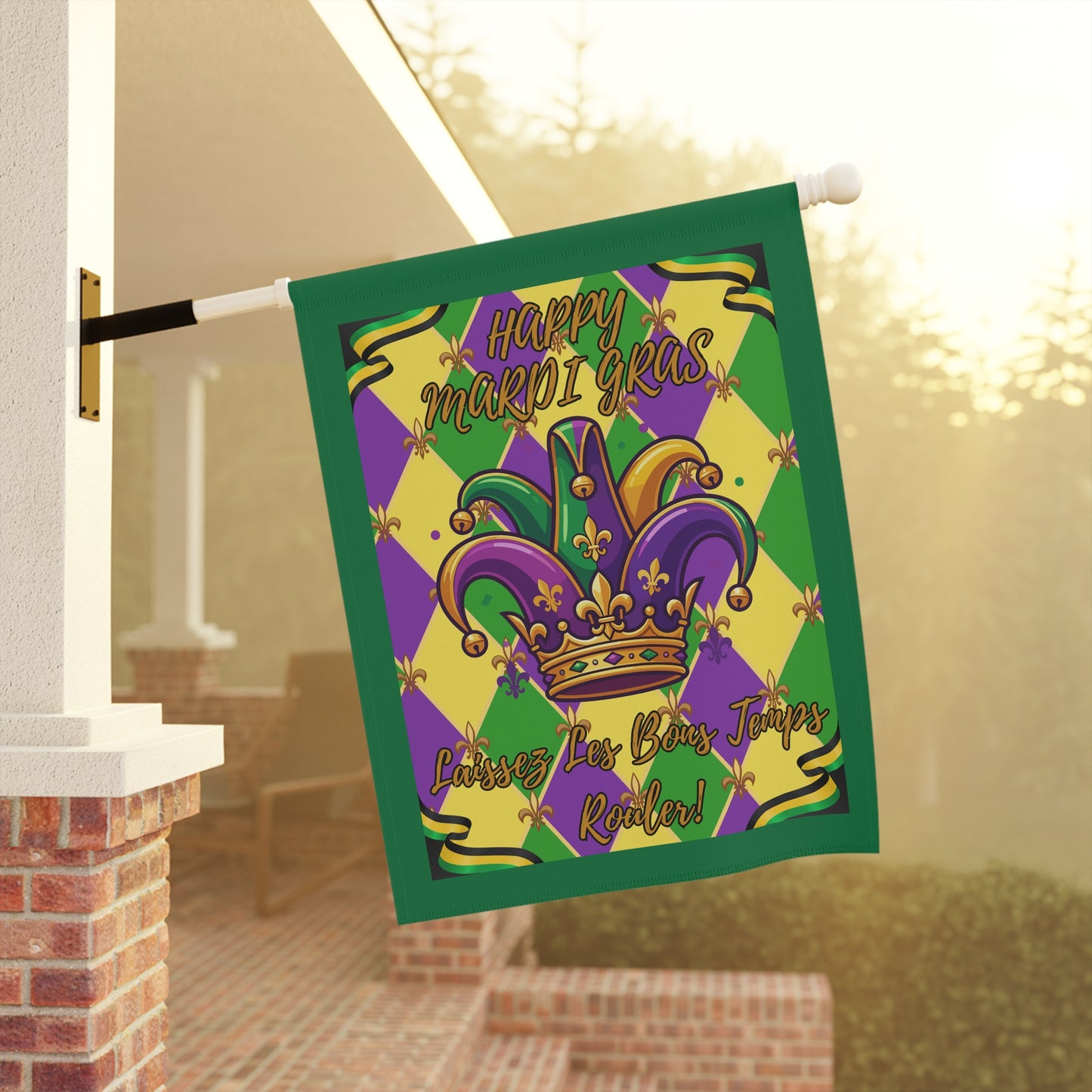 "Mardi Gras Jester Crown" Garden Flag/Banner — "Happy Mardi Gras-Laissez Les Bons Temps Rouler!" House Banner-Green