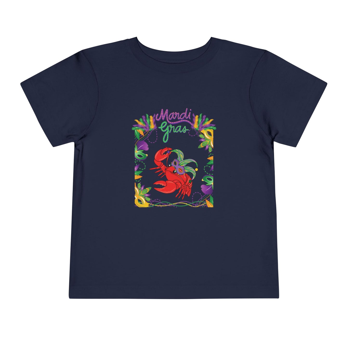 "Mardi Gras Crawfish" Toddler Short Sleeve Tee — Festive Masked Crawfish in Purple, Green & Gold!