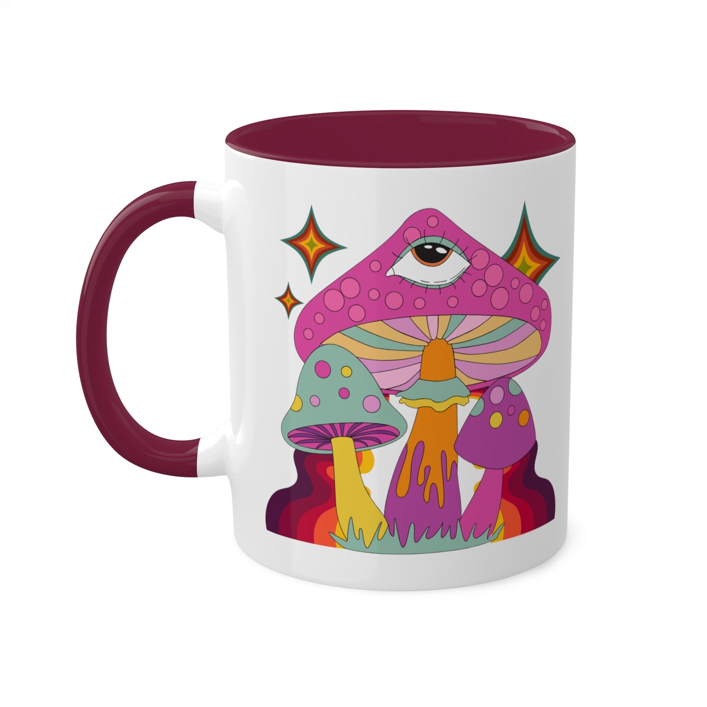 "Groovy Mushrooms" 11 oz White Mug with Colorful Accents