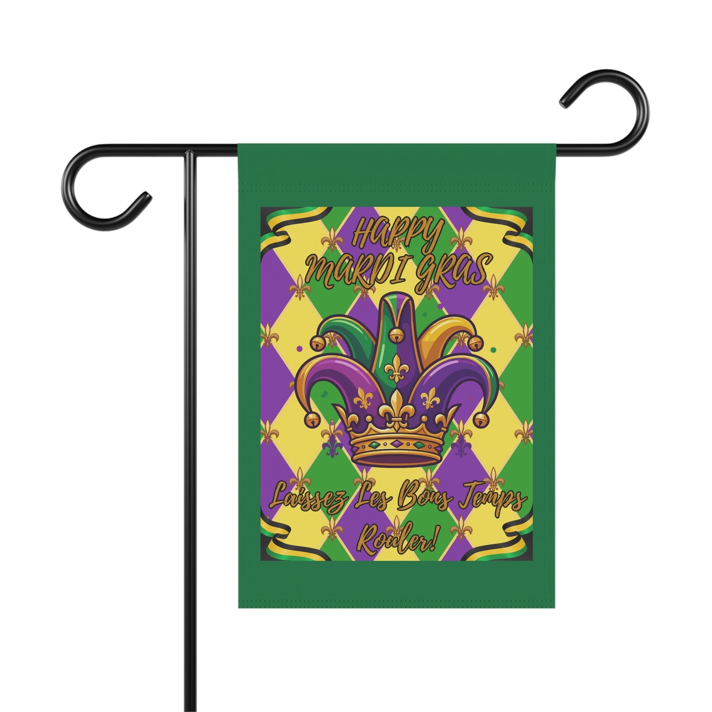 "Mardi Gras Jester Crown" Garden Flag/Banner — "Happy Mardi Gras-Laissez Les Bons Temps Rouler!" House Banner-Green