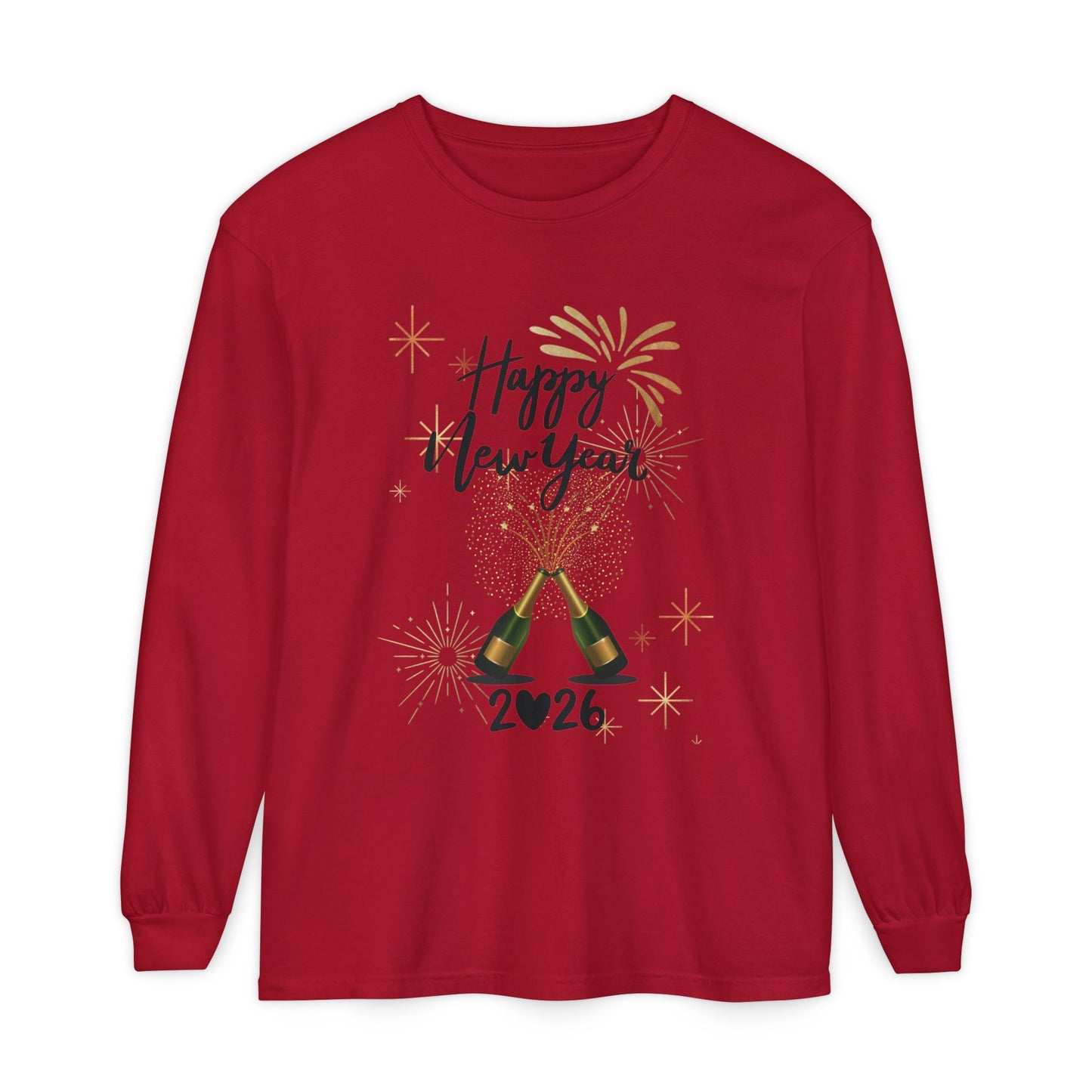 "Happy New Year 2026-Champagne Toast", Unisex Long Sleeve T‑Shirt.  A "Grown Up" Classy Yet Fun, Long Sleeve Tee.  Dress It Up or Dress It Down For Celebrating The New Year!