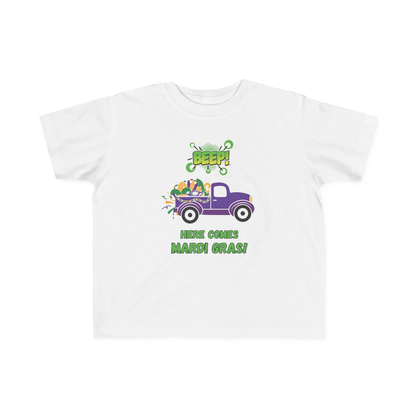 Mardi Gras Toddler Tee — "Beep! Here Comes Mardi Gras!" Purple Truck Kids Shirt