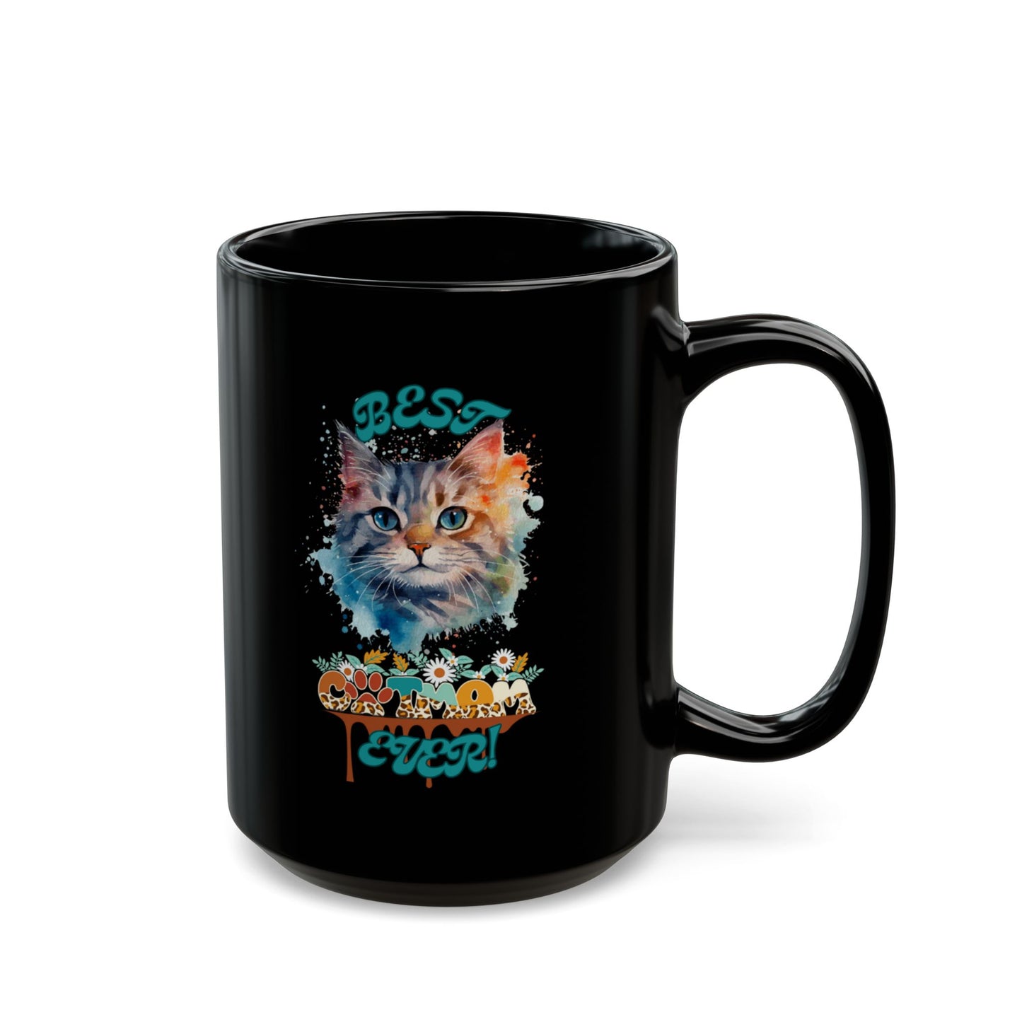 Cat Lover Mug —"Best Cat Mom- Ever" Colorful Kitty, Black Ceramic Coffee Mug (15oz)