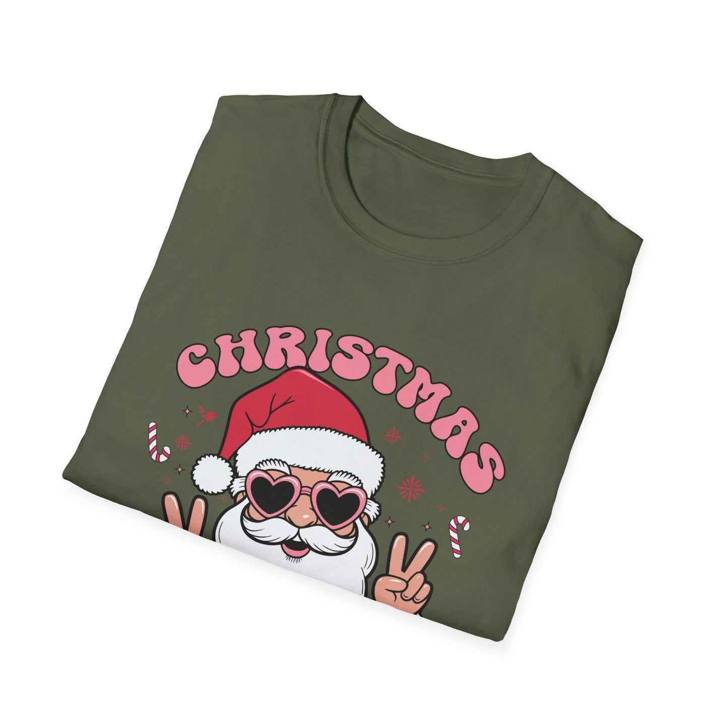 "Christmas Vibes"  Smiling Santa Holiday Unisex T-Shirt.  Cool(Tan)Santa Wearing His Shades And Sharing A "Peace Sign".