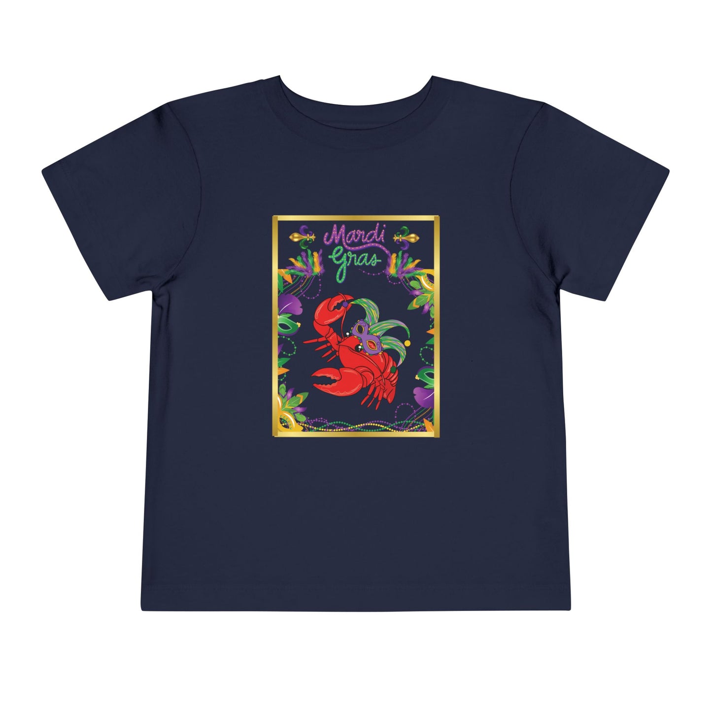 "Mardi Gras Crawfish" Toddler Short Sleeve Tee — Festive Masked Bright Red Crawfish Ready for Carnival!