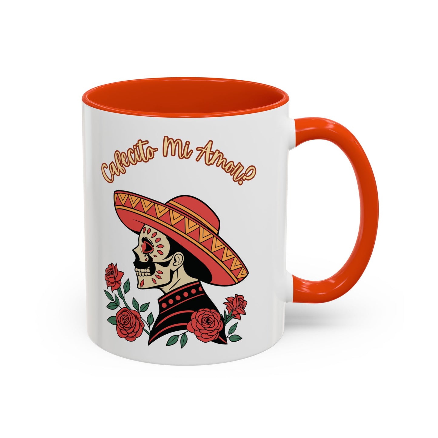 "Cafecito Mi Amor?" -El Hombre, Sugar Skull Style, White Ceramic Mugs with Colorful Accents (11oz/15oz)