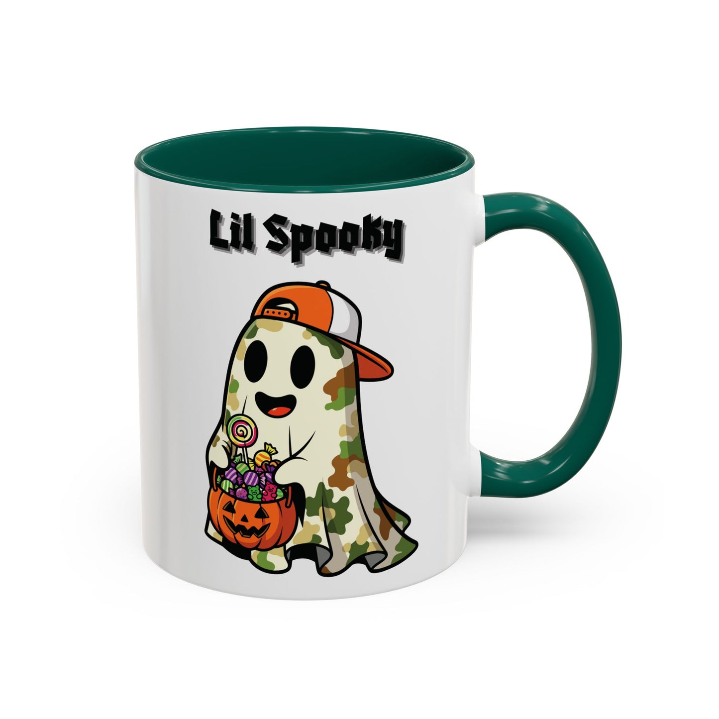 "Lil Spooky"  White Ceramic Halloween Mug With Colorful Accents — Cute Ghost Trick-or-Treat Ceramic Mug (11oz/15oz)