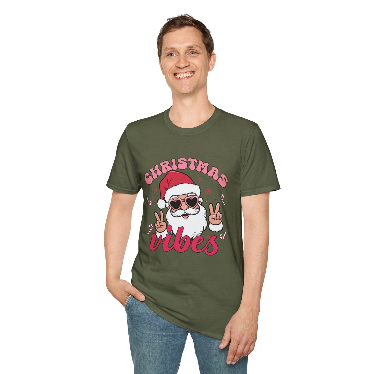 "Christmas Vibes"  Smiling Santa Holiday Unisex T-Shirt.  Cool(Tan)Santa Wearing His Shades And Sharing A "Peace Sign".