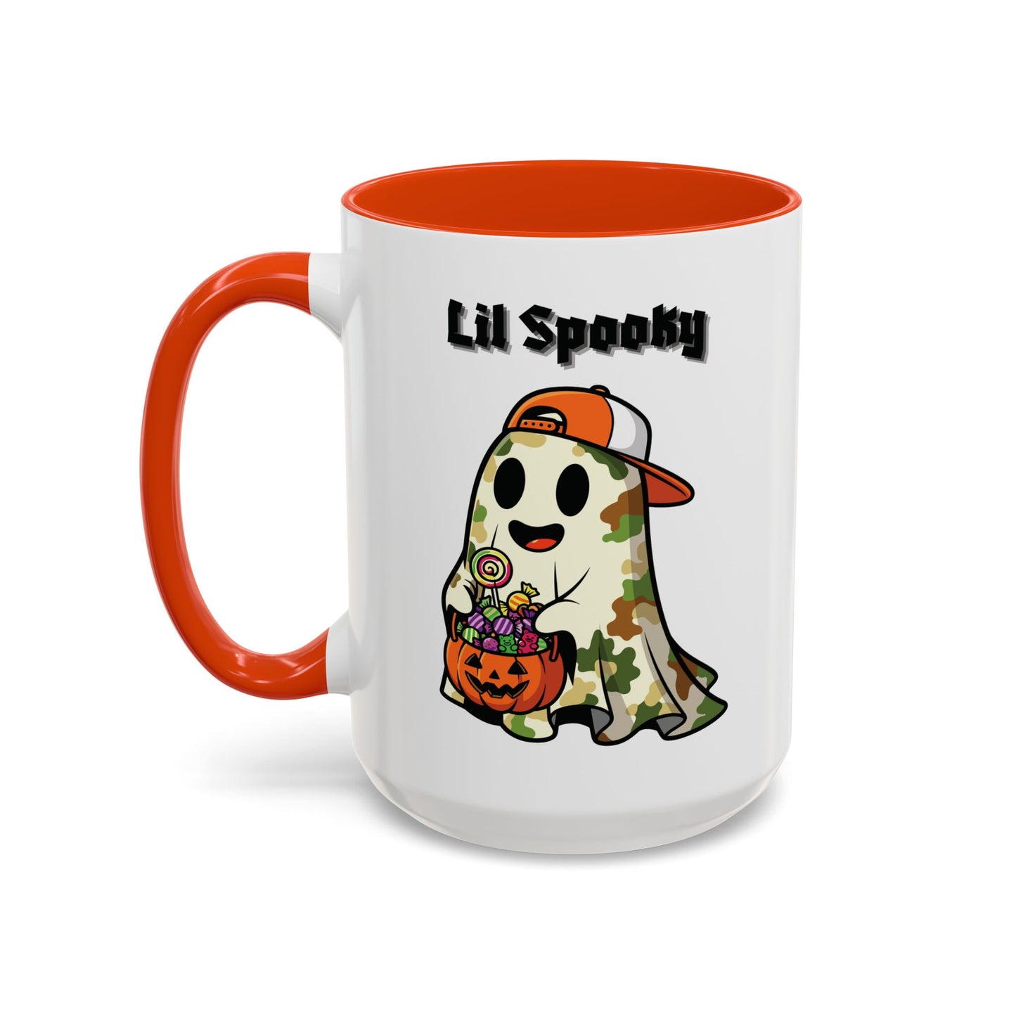 "Lil Spooky"  White Ceramic Halloween Mug With Colorful Accents — Cute Ghost Trick-or-Treat Ceramic Mug (11oz/15oz)