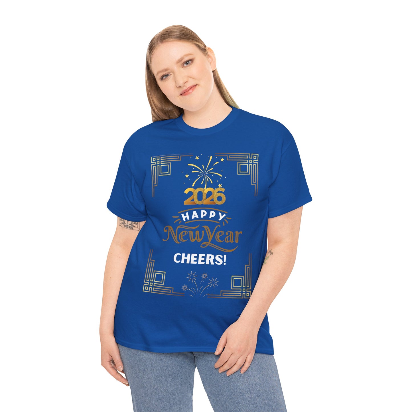 "Happy New Year -Cheers!" 2026  Unisex Midweight T-Shirt- 100 % Cotton — Festive "Art Deco Style" New Years Tee Great for Casual Celebrations or Parties While Ringing In the New Year!