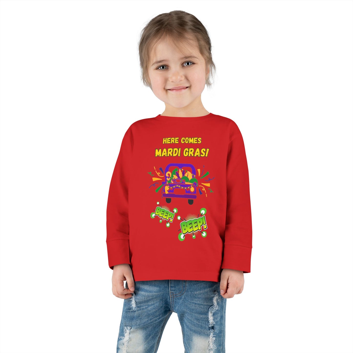 "Here Comes Mardi Gras-Beep, Beep!"  Toddler Long Sleeve Tee.  The Little Ones Will LOVE Wearing This Fun Shirt For Mardi Gras & Beyond!