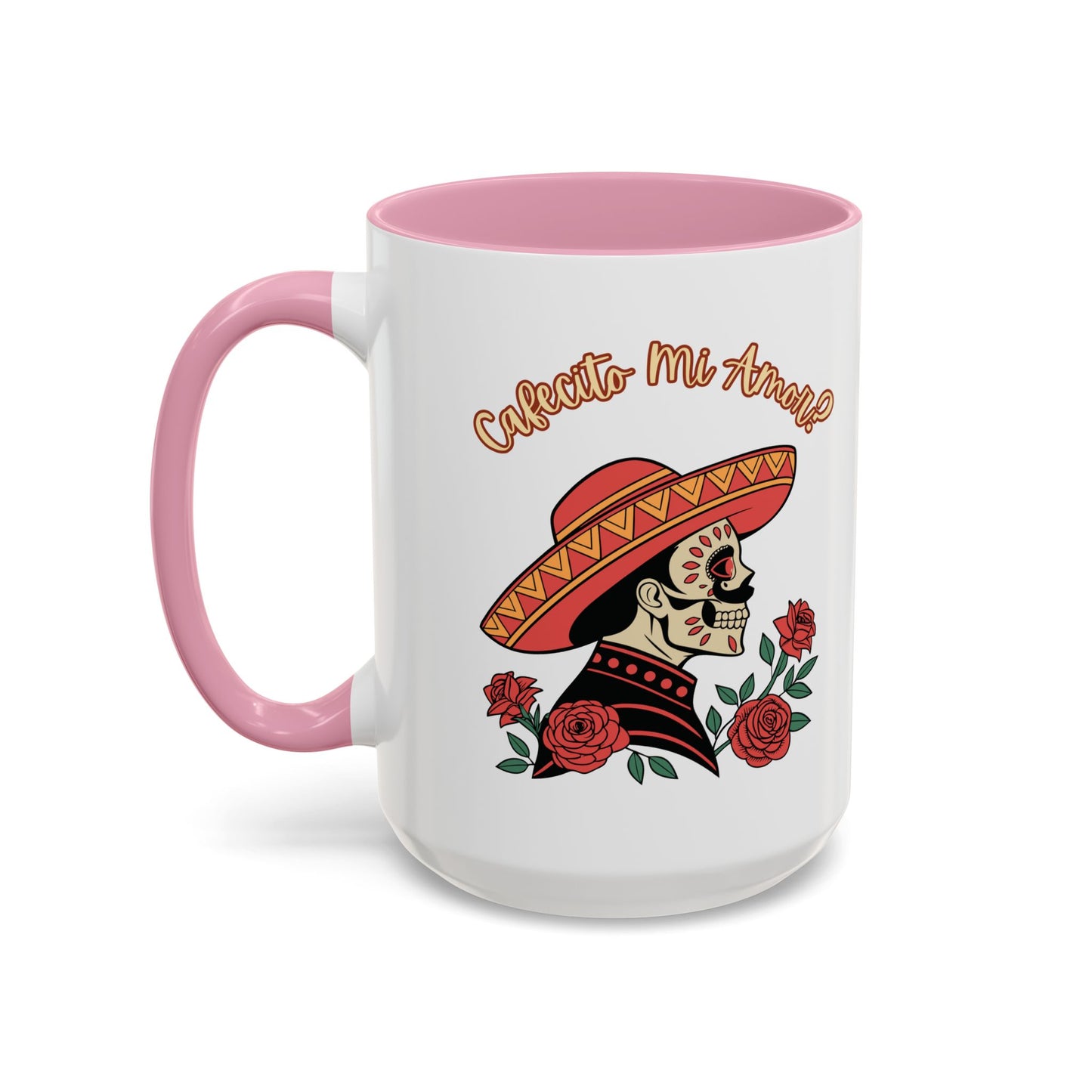 "Cafecito Mi Amor?" -El Hombre, Sugar Skull Style, White Ceramic Mugs with Colorful Accents (11oz/15oz)