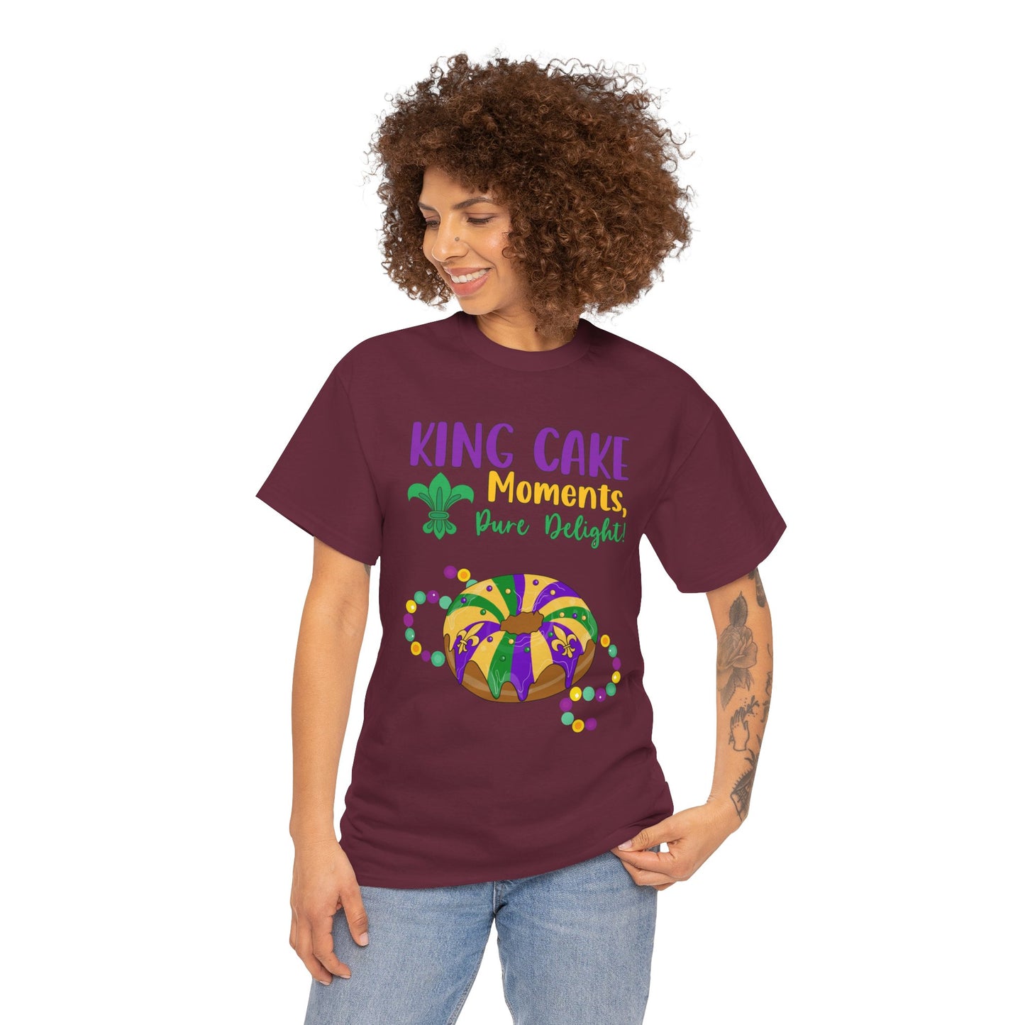"King Cake Moments" Unisex Heavy Cotton  Adult Tee.   Wear This Tee To Tell Everyone "A Mardi Gras King Cake Moment Is A Pure Delight!"