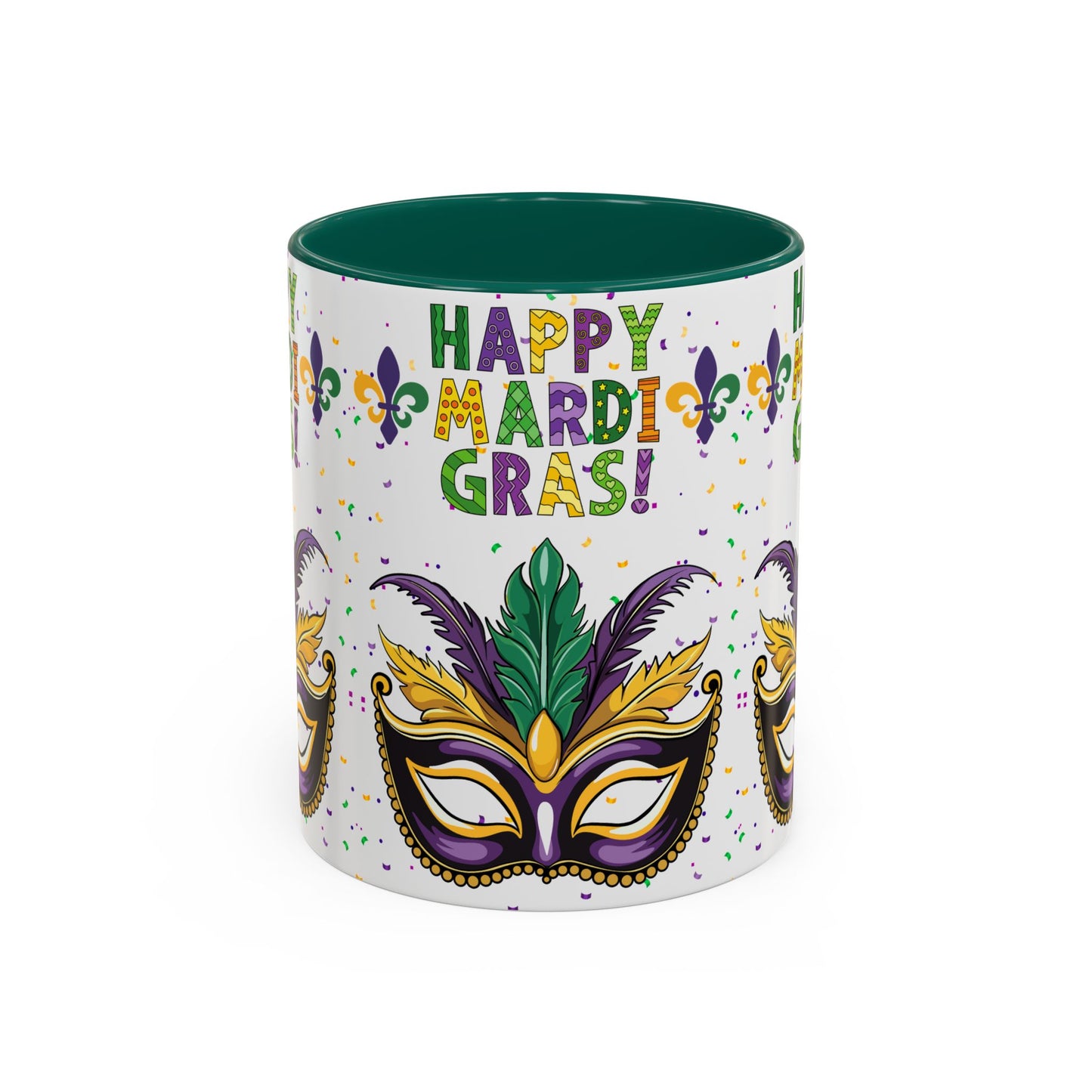 "Happy Mardi Gras" Mugs — Colorful 11oz/15oz Carnival Mask-Fleur De Lis Design White Ceramic Mugs