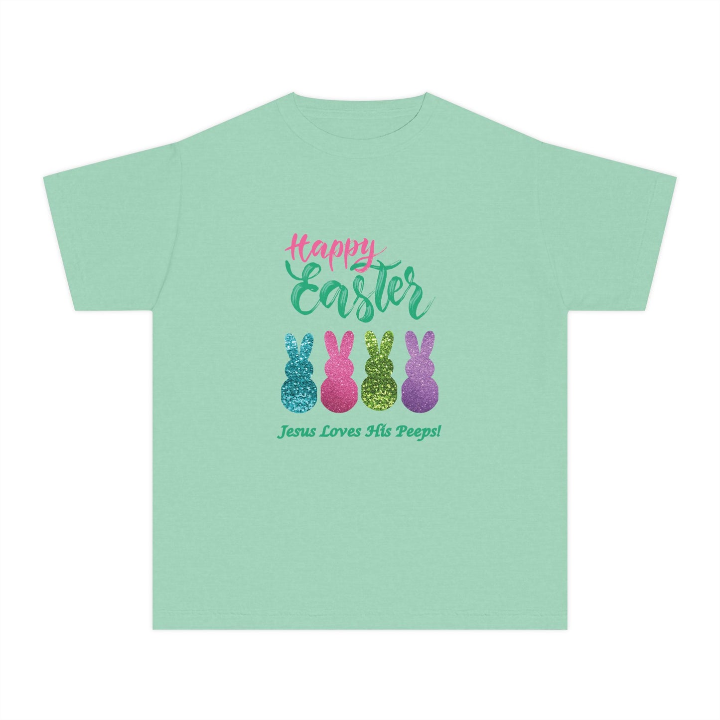 Easter Bunny Youth Tee — "Happy Easter" Christian Kids/Youth Shirt (Jesus Loves His Peeps)
