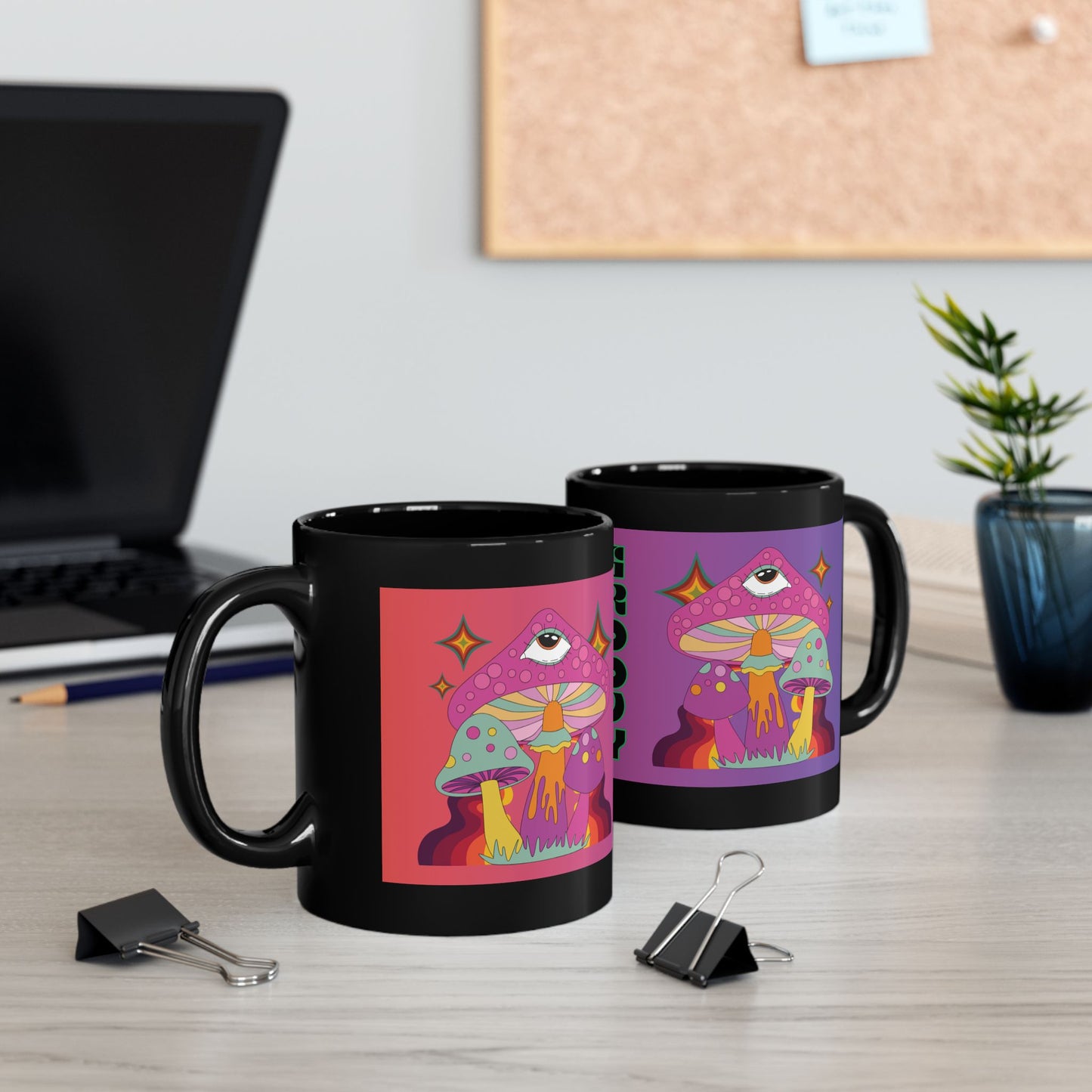 "Groovy Ombre Mushroom" Mug,  Black Ceramic Coffee Mugs In 15oz & 11oz