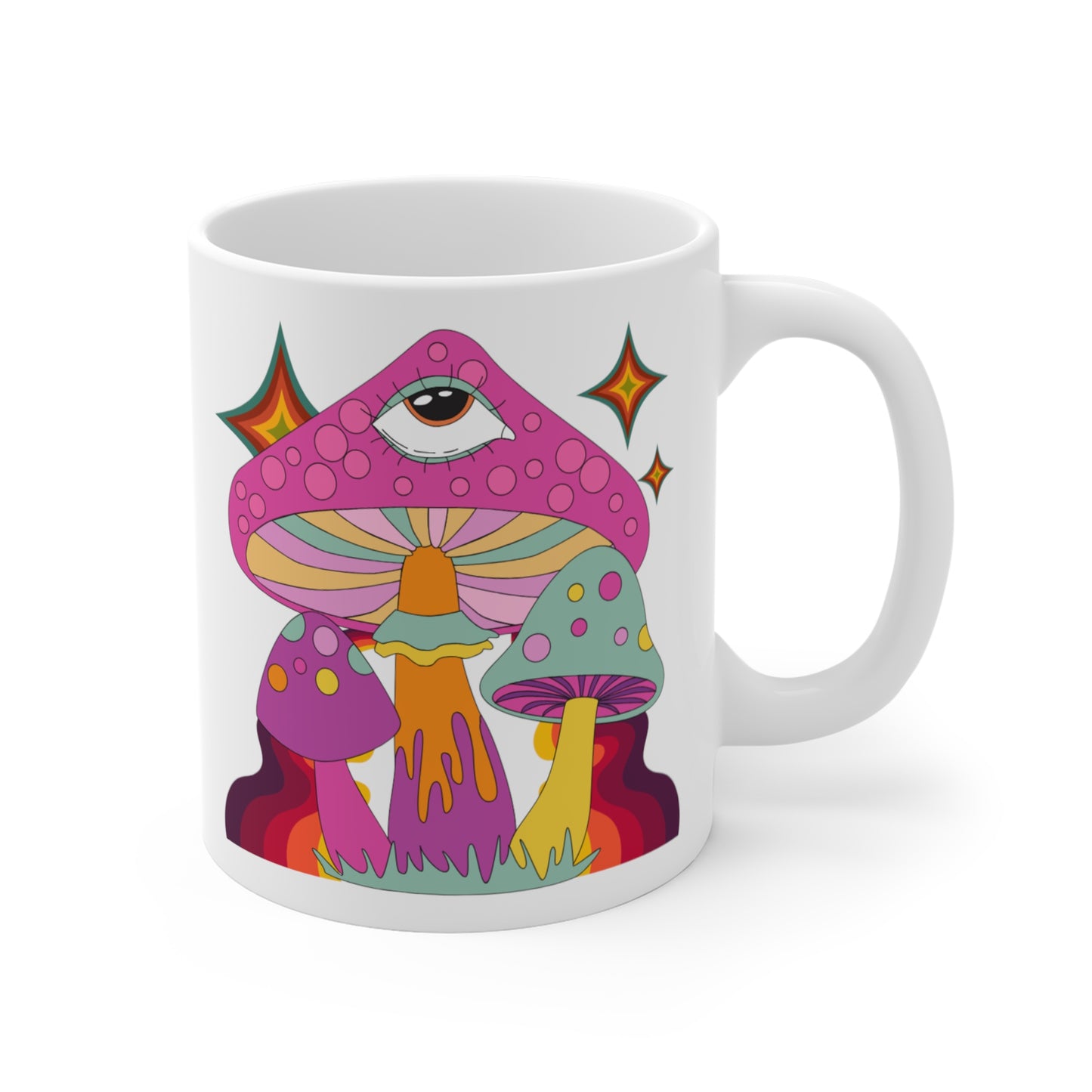 "Eye See You" 11 oz White Ceramic Mug With Colorful Mushroom Design!