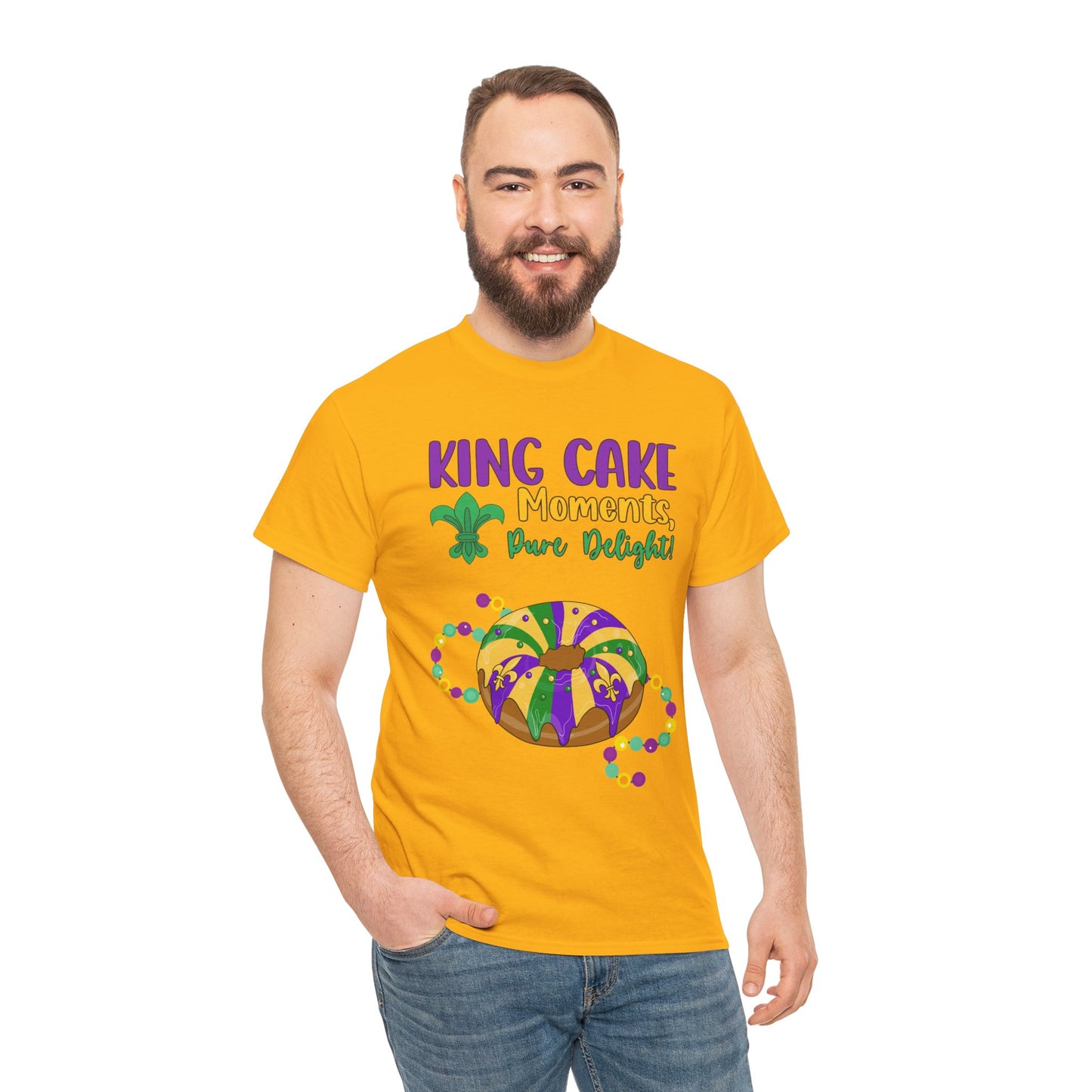 "King Cake Moments" Unisex Heavy Cotton  Adult Tee.   Wear This Tee To Tell Everyone "A Mardi Gras King Cake Moment Is A Pure Delight!"