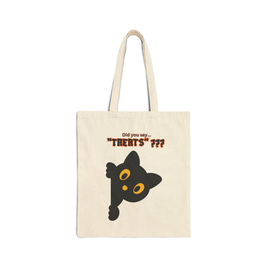 "Treats???" Playful Black Cat Tote Bag for Halloween, Trick-or-Treating, Eco-Friendly Shopping
