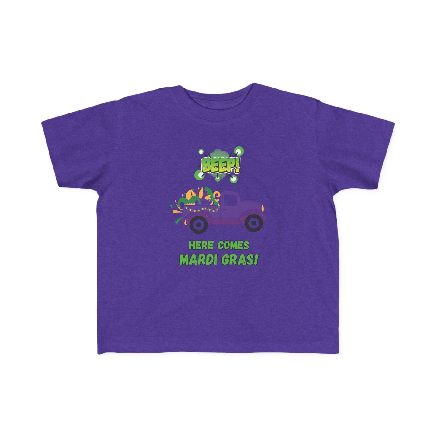 Mardi Gras Toddler Tee — "Beep! Here Comes Mardi Gras!" Purple Truck Kids Shirt