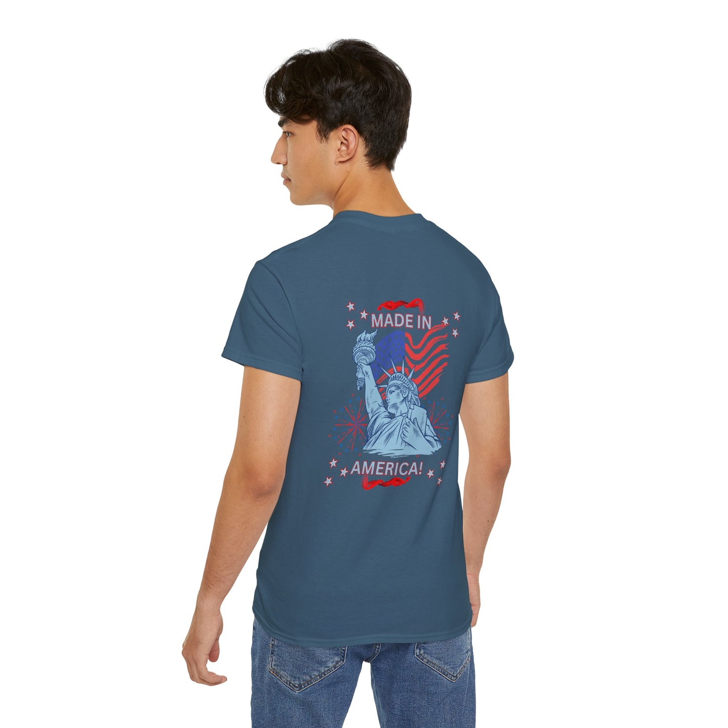 Statue of Liberty Patriotic T-Shirt — "Made In America -Happy Anniversary 1776-2026"  Front & Back Design