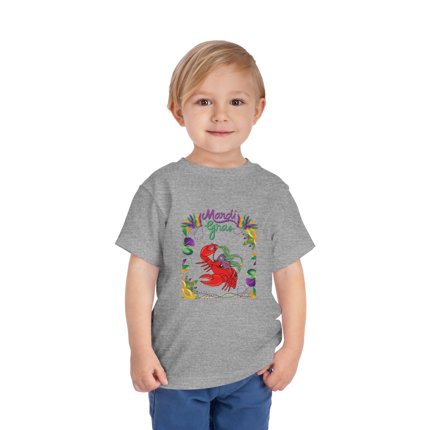 "Mardi Gras Crawfish" Toddler Short Sleeve Tee — Festive Masked Crawfish in Purple, Green & Gold!