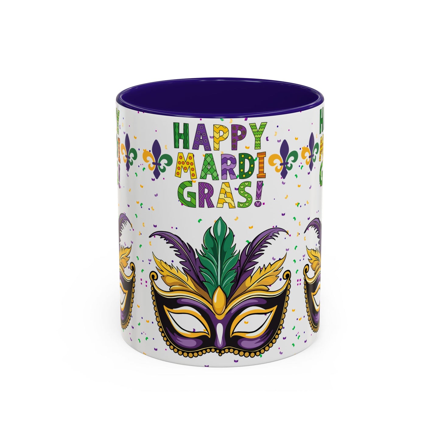 "Happy Mardi Gras" Mugs — Colorful 11oz/15oz Carnival Mask-Fleur De Lis Design White Ceramic Mugs