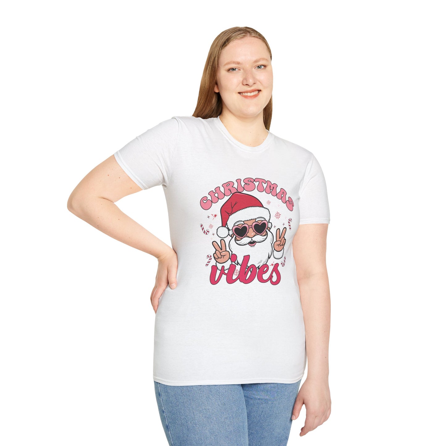 "Christmas Vibes"  Smiling Santa Holiday Unisex T-Shirt.  Cool(Tan)Santa Wearing His Shades And Sharing A "Peace Sign".