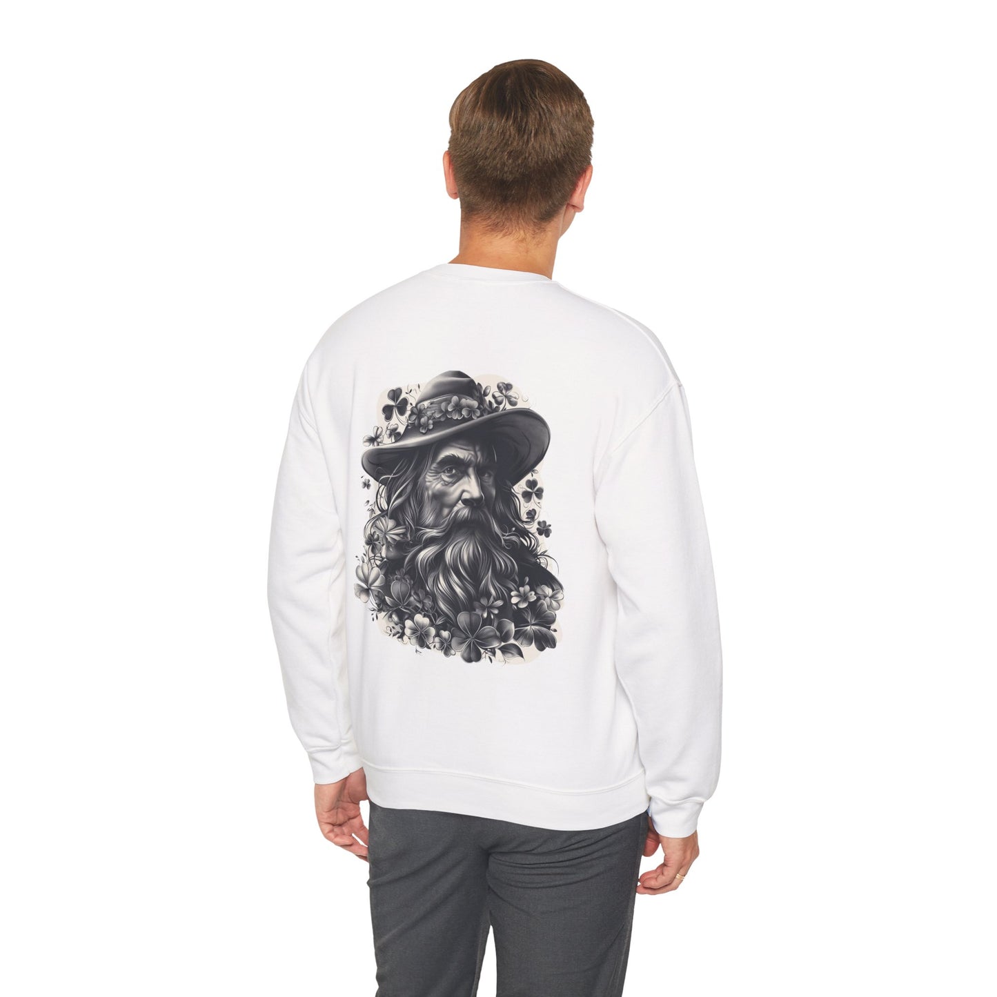 "Irish Blessing(Front)-Shamrock Wiseman(Back)", Unisex Crewneck Sweatshirt— Irish Luck Quote & Rustic Irish Wiseman Surrounded By Clover