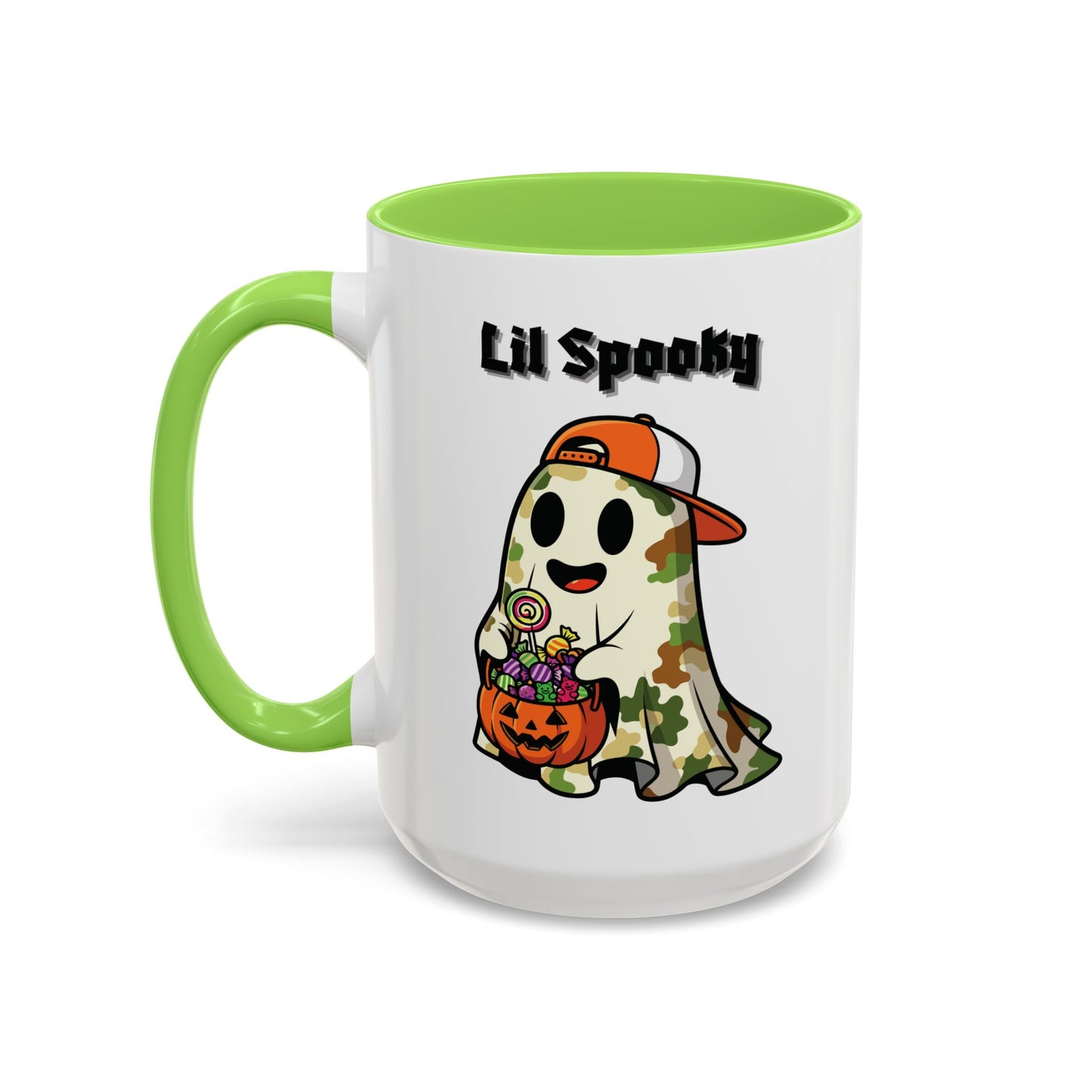 "Lil Spooky"  White Ceramic Halloween Mug With Colorful Accents — Cute Ghost Trick-or-Treat Ceramic Mug (11oz/15oz)