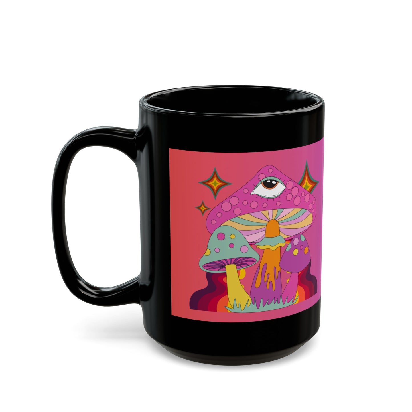 "Groovy Mushrooms with Ombre Background" Black Mug (11 oz, 15 oz)