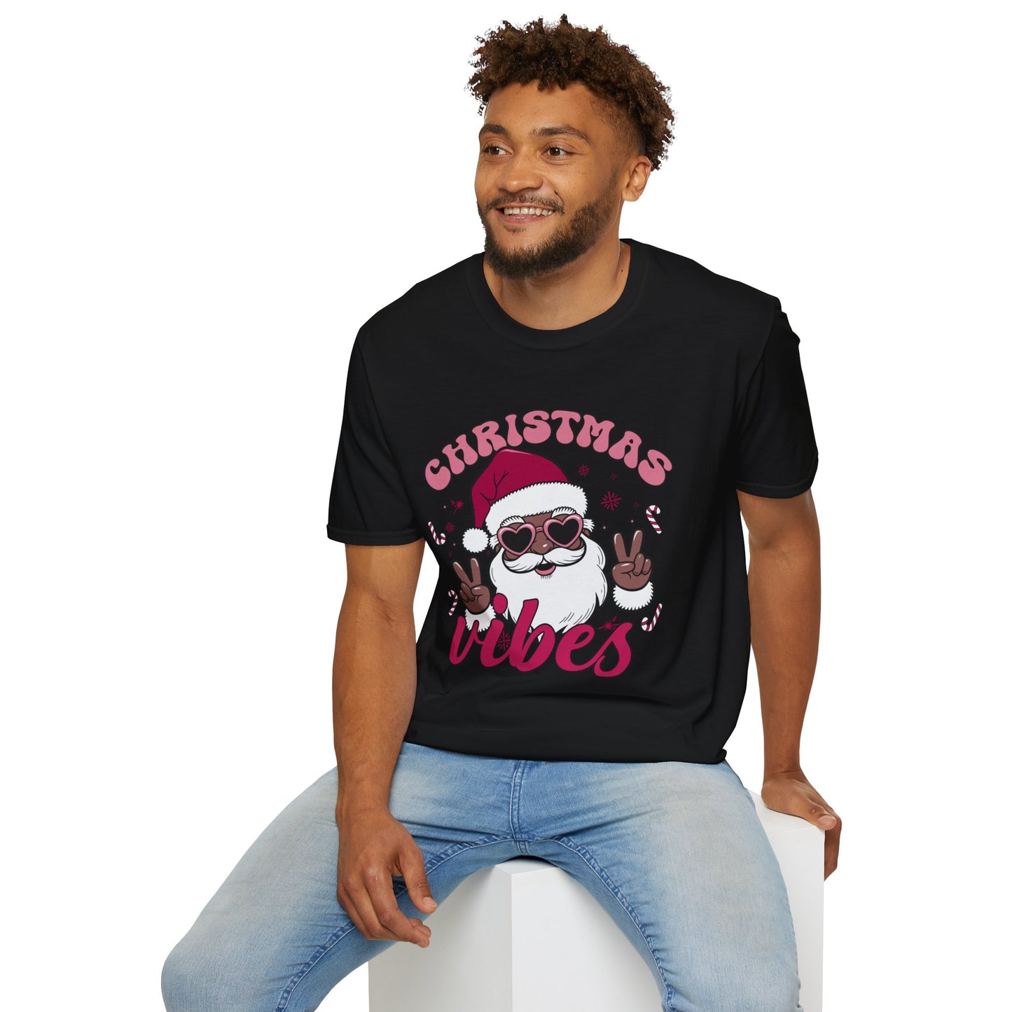 "Christmas Vibes" Unisex T-Shirt — Retro Santa Sporting Cool Sunglasses And A Peace Sign. What a Groovy Holiday Tee!