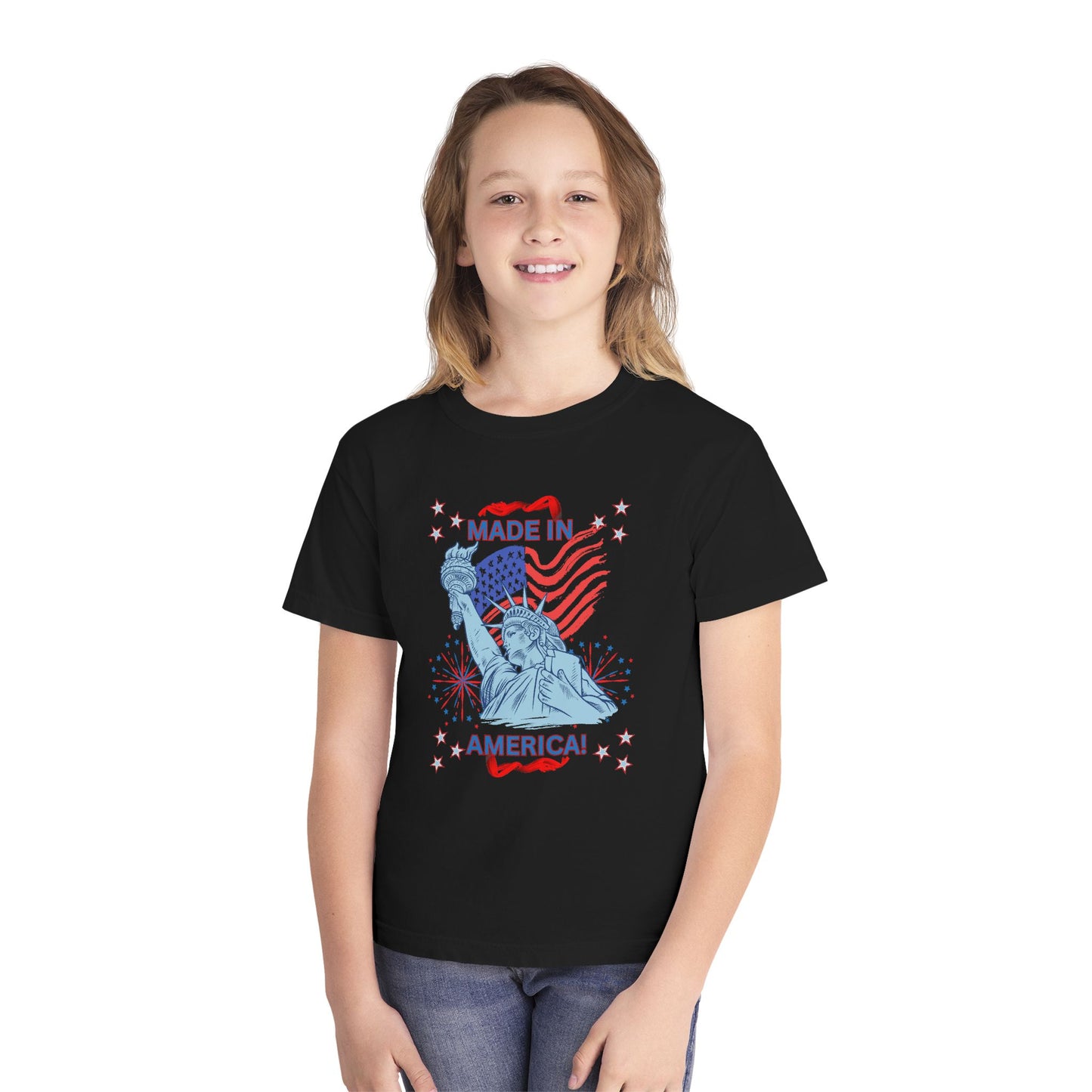 Made in America Statue of Liberty Youth Tee — Patriotic 4th of July Flag Graphic