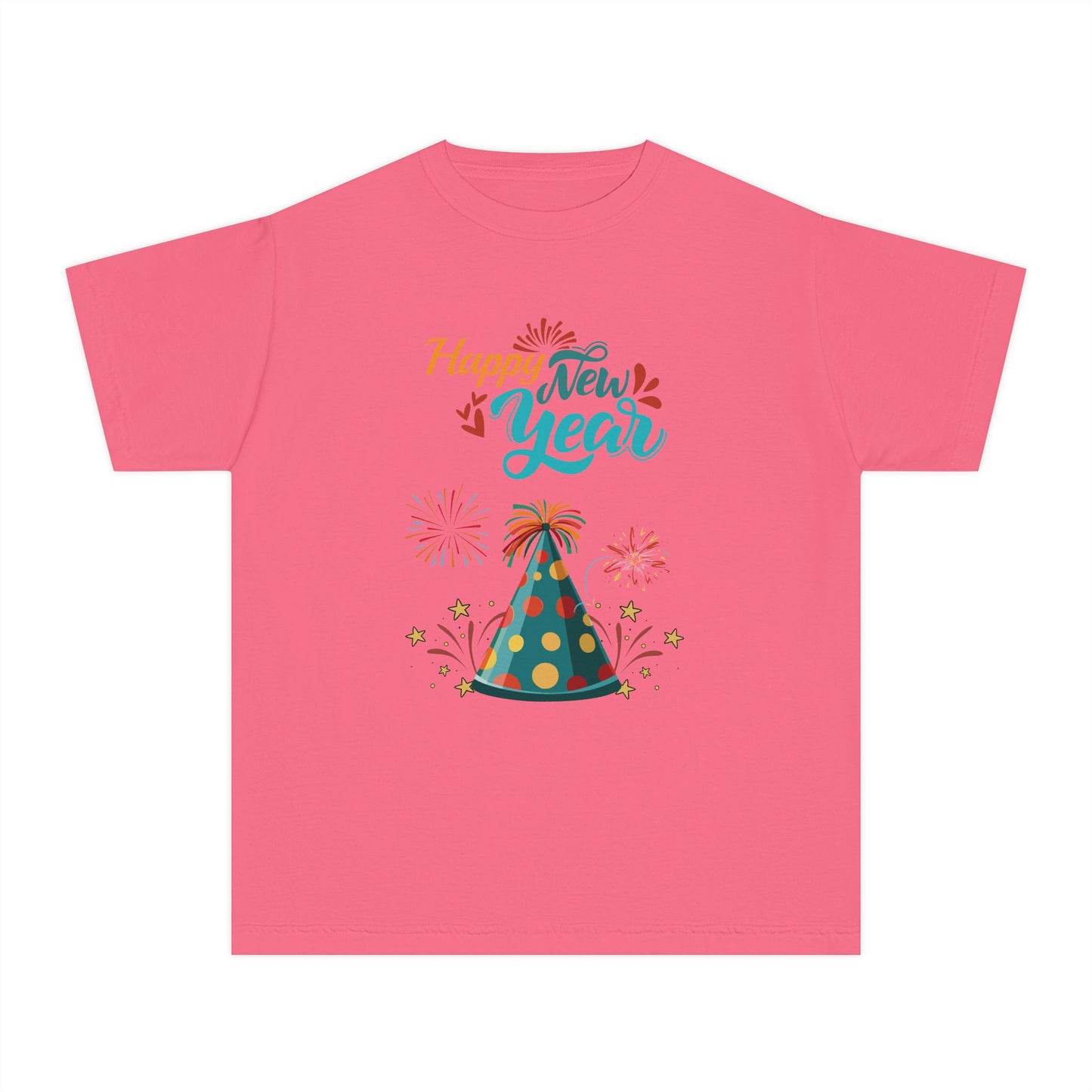 "Happy New Year -Party Hat and Fireworks" Kids/Youth T-Shirt .  A Fun, Colorful Tee For The Kids To Wear When Celebrating The New Year!
