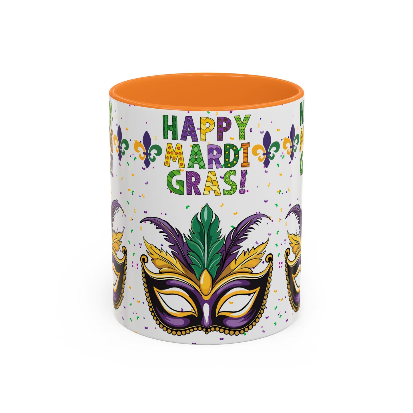 "Happy Mardi Gras" Mugs — Colorful 11oz/15oz Carnival Mask-Fleur De Lis Design White Ceramic Mugs
