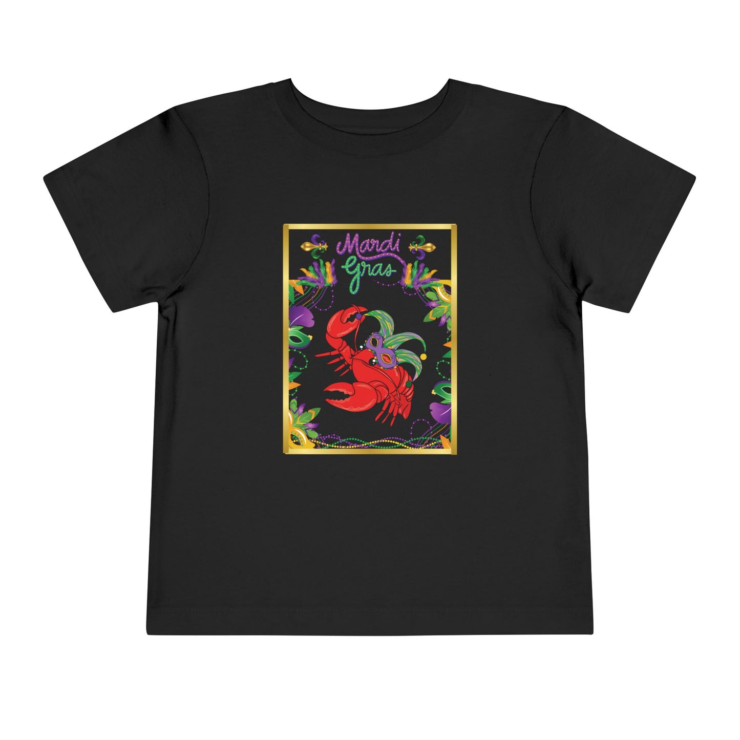 "Mardi Gras Crawfish" Toddler Short Sleeve Tee — Festive Masked Bright Red Crawfish Ready for Carnival!