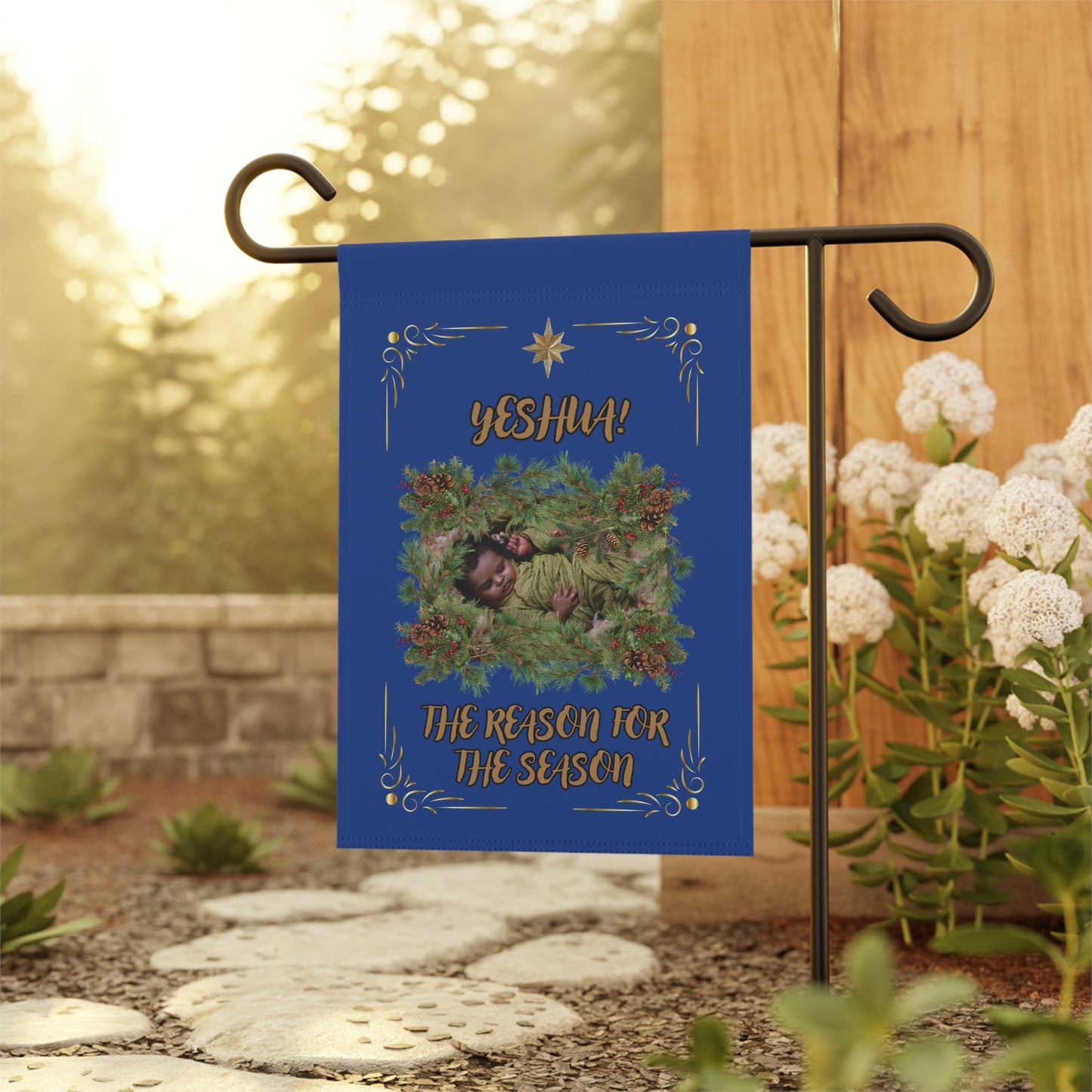 "Yeshua" Nativity Garden Flag — "The Reason for the Season" Deep Blue Christmas Holiday 12in x 18in  Banner