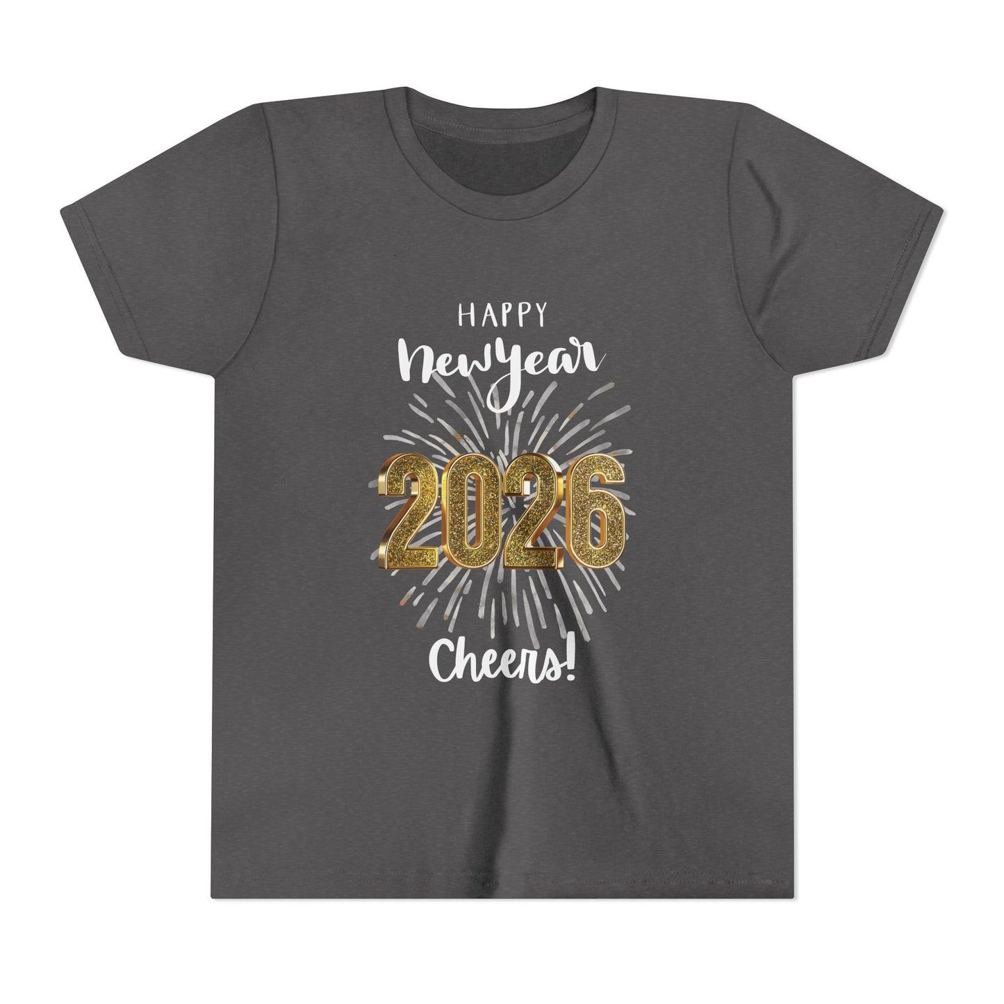 "Happy New Year 2026- Cheers!", Unisex Youth Tee.  Sparkling  Fireworks Make This Tee The One to Wear On That Special Day!